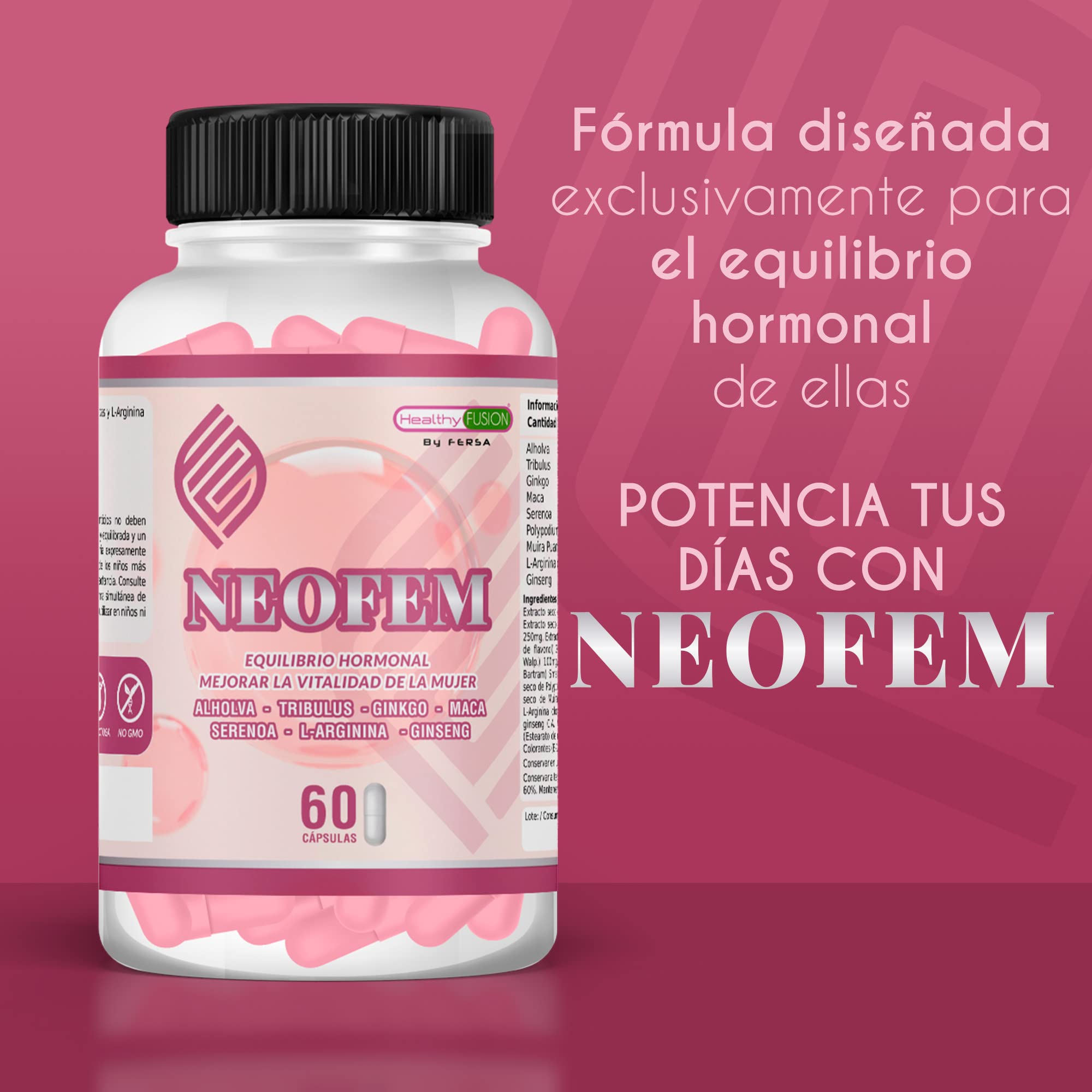 Neofem | Equilibrio hormonal para ellas | Mejora la vitalidad | Plantas Alholva, Tribulus, Ginkgo y Maca | 60 cápsulas