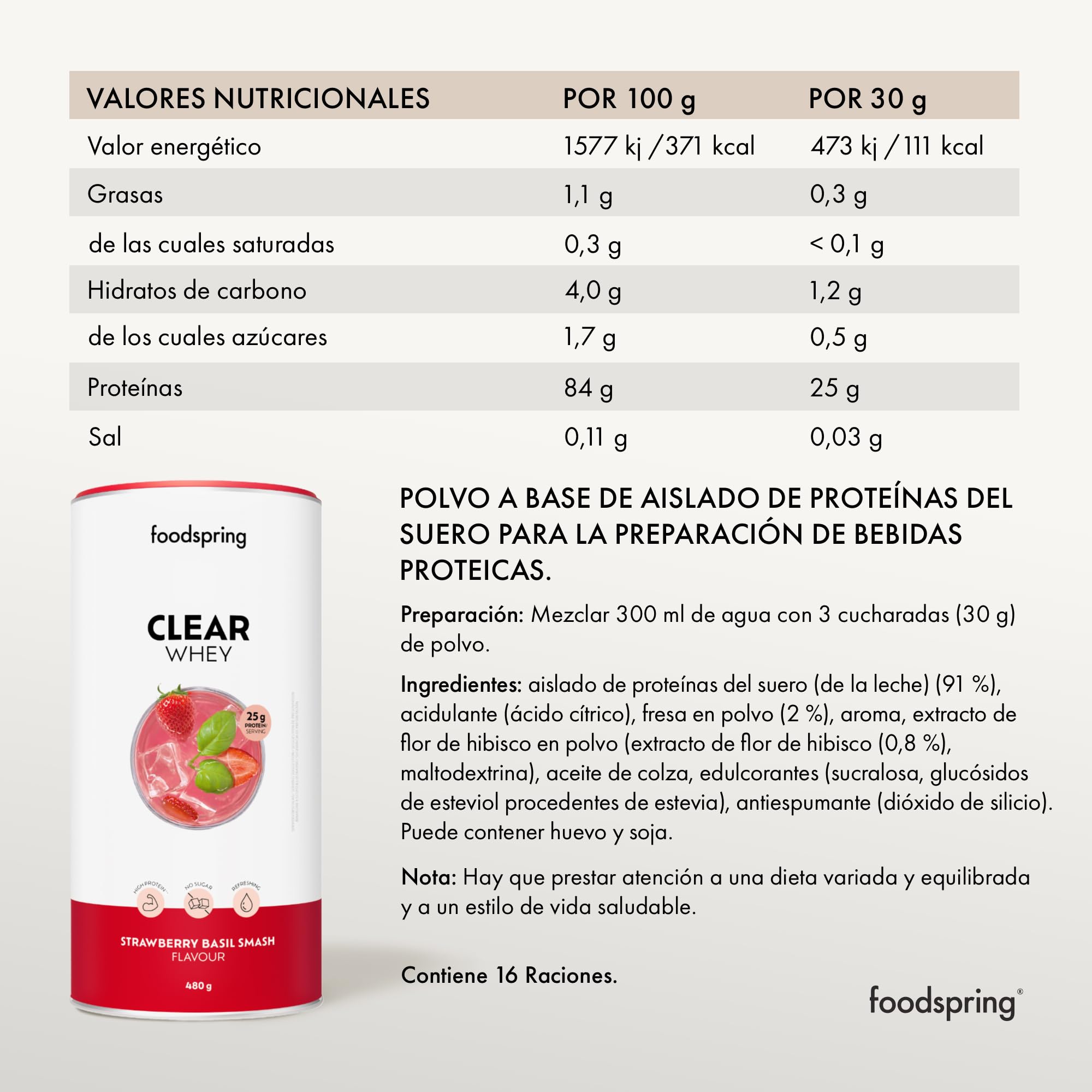 foodspring - Clear Whey Strawberry Basil Smash Protein - Isoclear Whey 480g sin azúcar & 25g de proteína p. ración - Batido de proteínas refrescante con isowhey premium - Ideal después del gimnasio