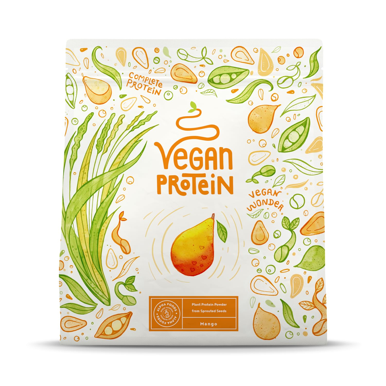 Proteína Vegana en Polvo | Sabor Mango | 100% Proteina Vegana | 21g dosis Vegan Protein Powder de Guisante y Arroz | Proteína Aislada para Masa Muscular | 600g | Alpha Foods