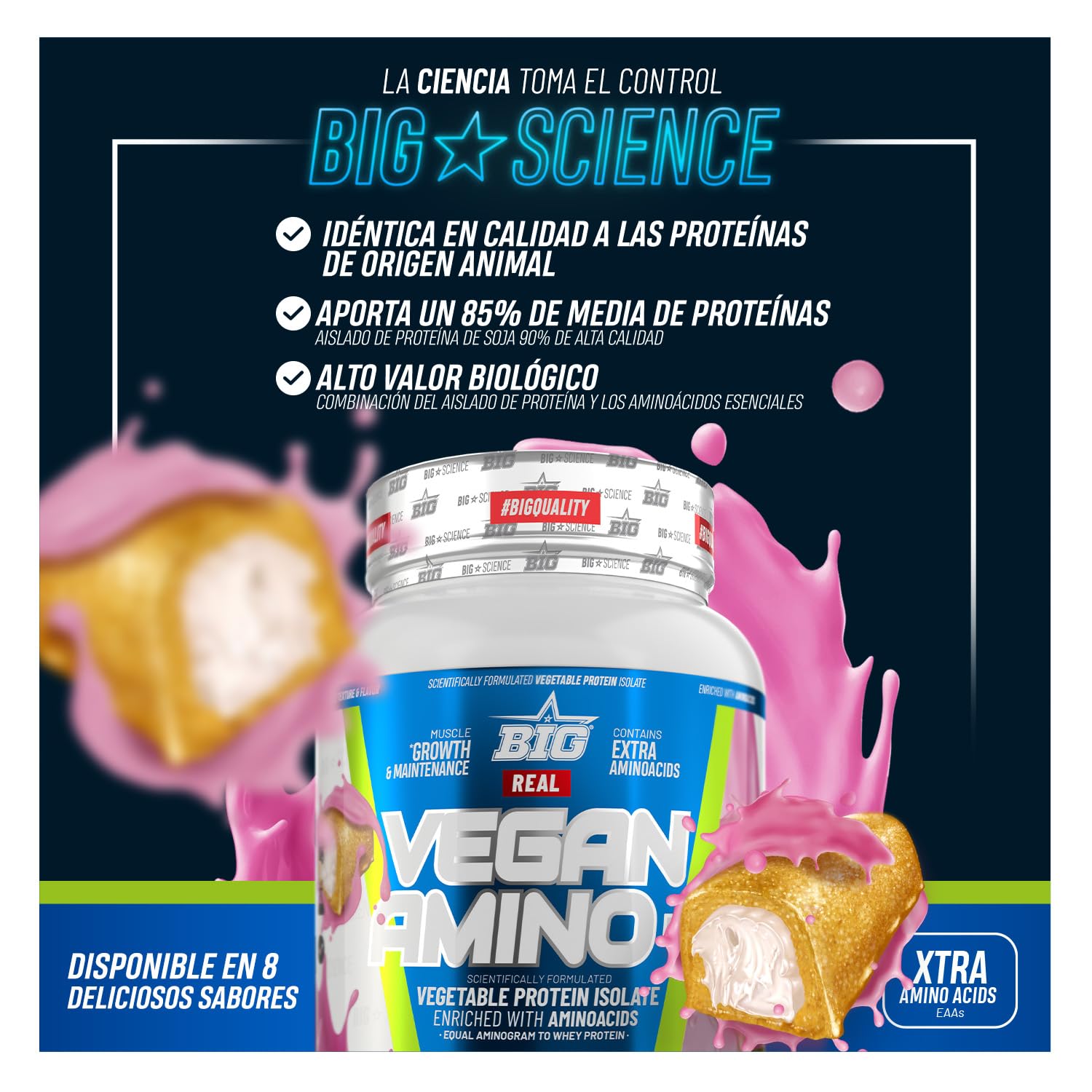 BIG - Proteina Vegetal 100% - Proteina en Polvo con Aminoácidos para Masa Muscular y Recuperación - Materia Prima Premium - Deliciosos Sabores Sin Lactosa (1Kg, Banana & Choco con Protein Pops)