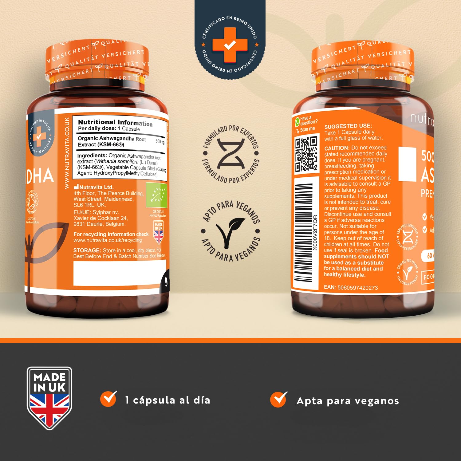 Ashwagandha Orgánica 500 mg - KSM-66® Sin Excipiente. 100% Cápsula Vegana - Suplemento adaptógeno Ayurveda Ginseng Indio (Withania Somnifera) Antiflamatorio natural - Nutravita