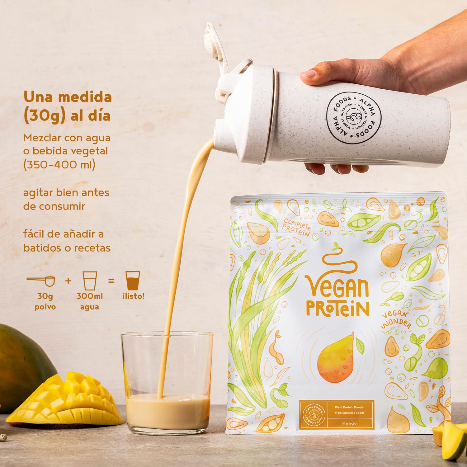 Proteína Vegana en Polvo | Sabor Mango | 100% Proteina Vegana | 21g dosis Vegan Protein Powder de Guisante y Arroz | Proteína Aislada para Masa Muscular | 600g | Alpha Foods