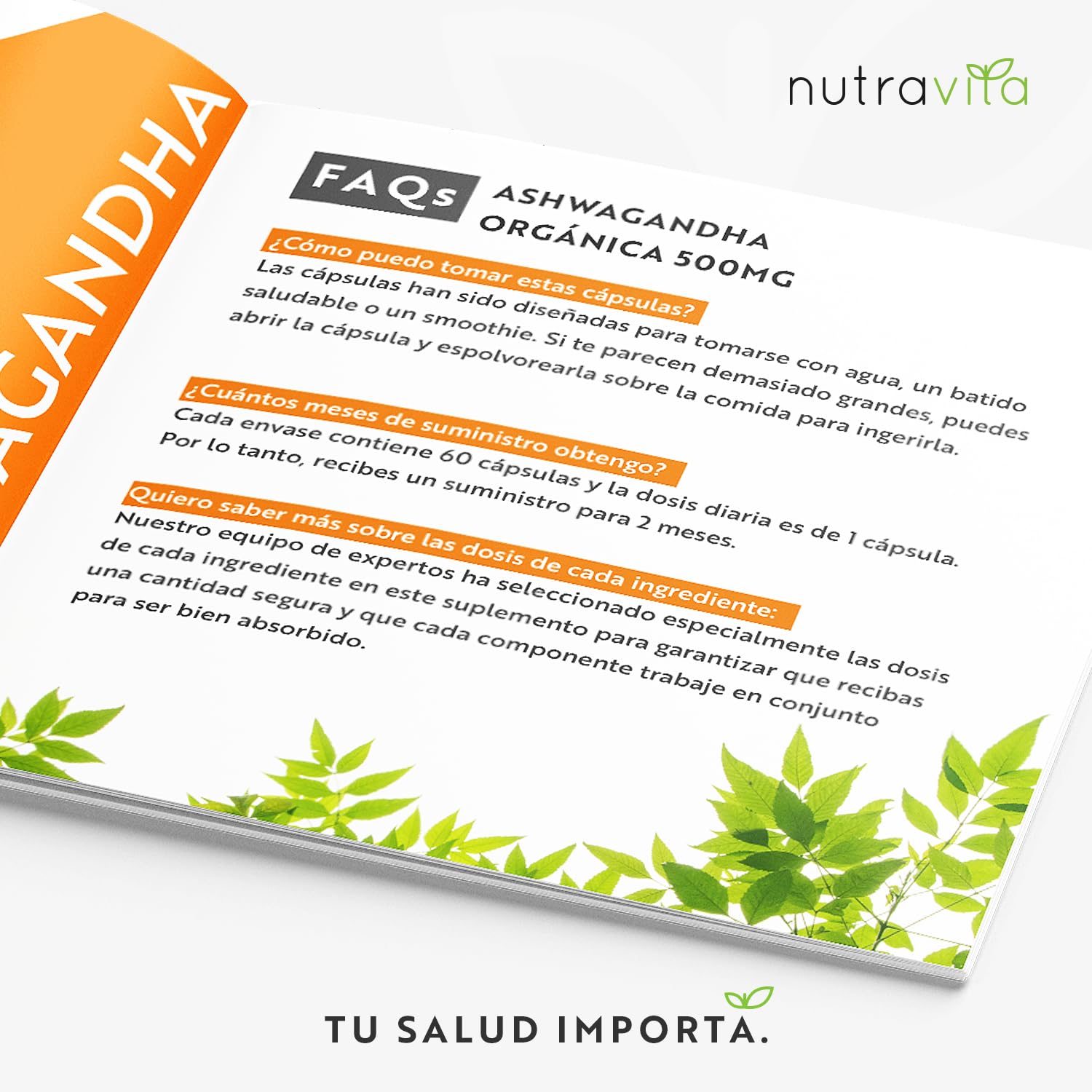 Ashwagandha Orgánica 500 mg - KSM-66® Sin Excipiente. 100% Cápsula Vegana - Suplemento adaptógeno Ayurveda Ginseng Indio (Withania Somnifera) Antiflamatorio natural - Nutravita