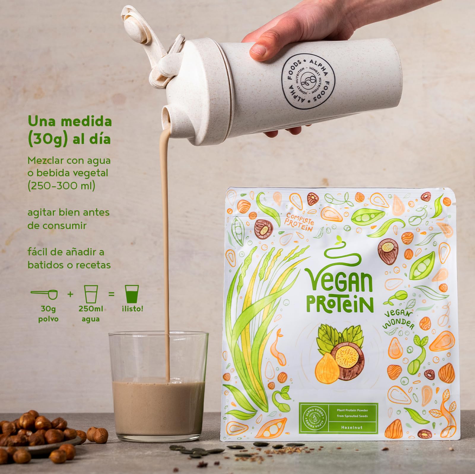 Proteína Vegana en Polvo | Sabor Avellana | 100% Proteina Vegana | 19g dosis Vegan Protein Powder de Guisante, Arroz y Girasol | Proteína Aislada para Masa Muscular | 600g | Alpha Foods