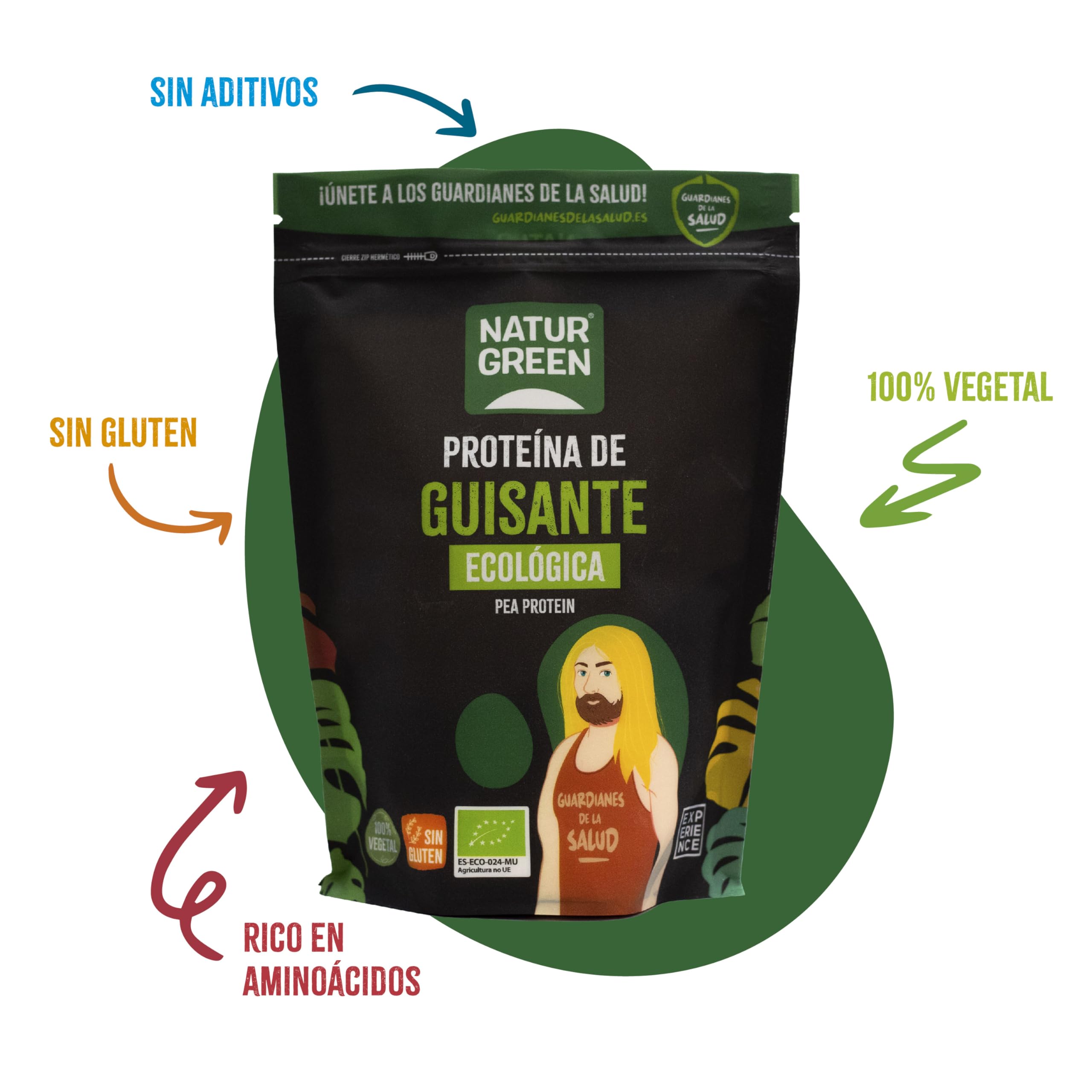 NaturGreen - Proteína de Guisante BIO, Concentrado de Proteína Ecológica, Superalimento, Polvo de Proteínas y Aminoácidos, 100% Vegano - 500 g