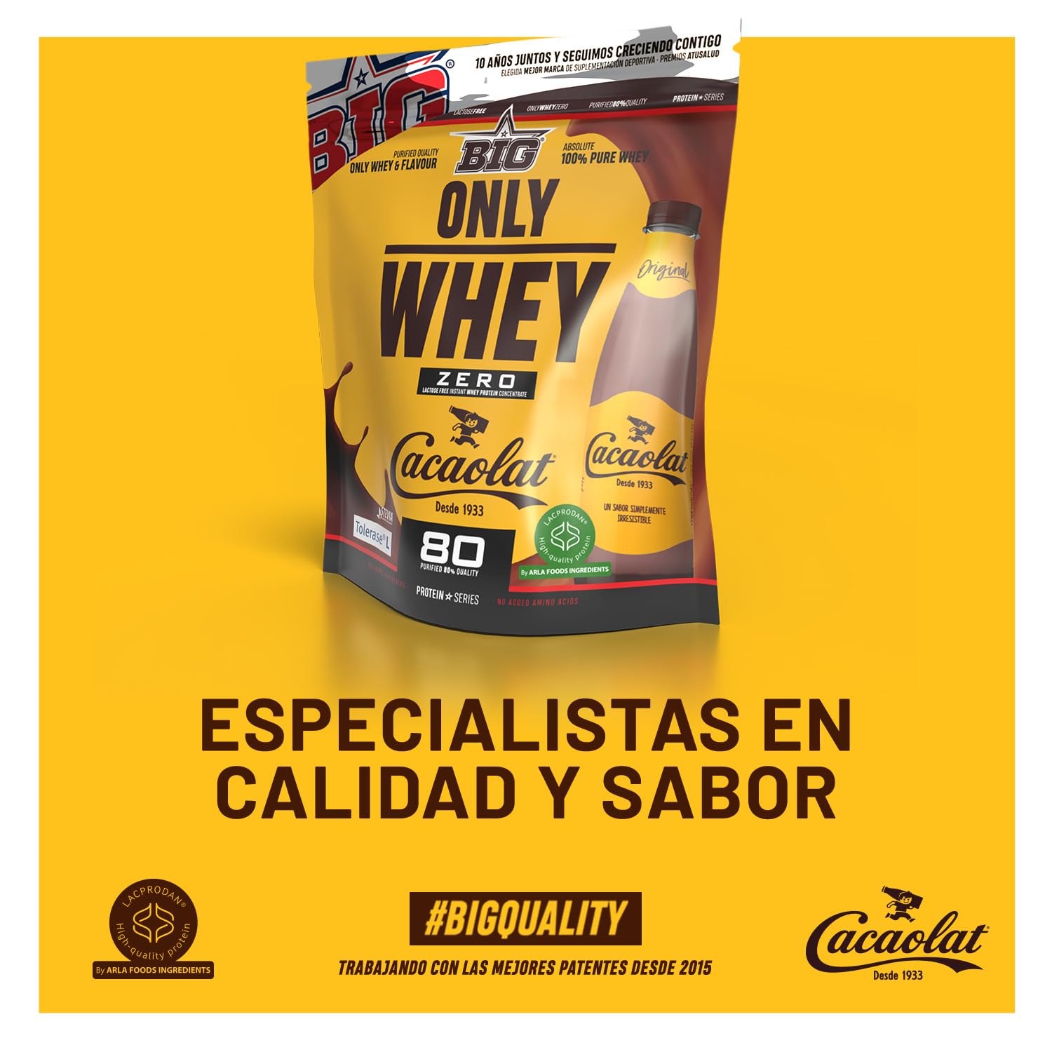 BIG - Proteinas Whey - Proteina en Polvo para Desarrollo de Masa Muscular y Recuperación - Materia Prima Premium - Whey Protein Sin Lactosa, Sin Azúcar, Sin Grumos (500g, Cacaolat)