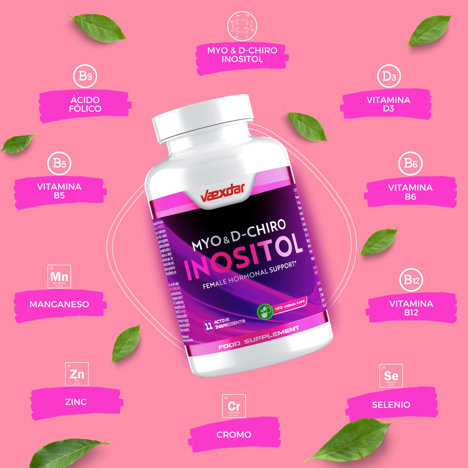 Myo Inositol + D-Chiro Inositol | PCOS | Apoyo Hormonal y Metabólico para Mujeres | Con Vitaminas y Minerales | Fórmula 11 en 1 para SOP con Myo & D-Chiro Inositol | 120 Cápsulas Vegetales | Vaexdar