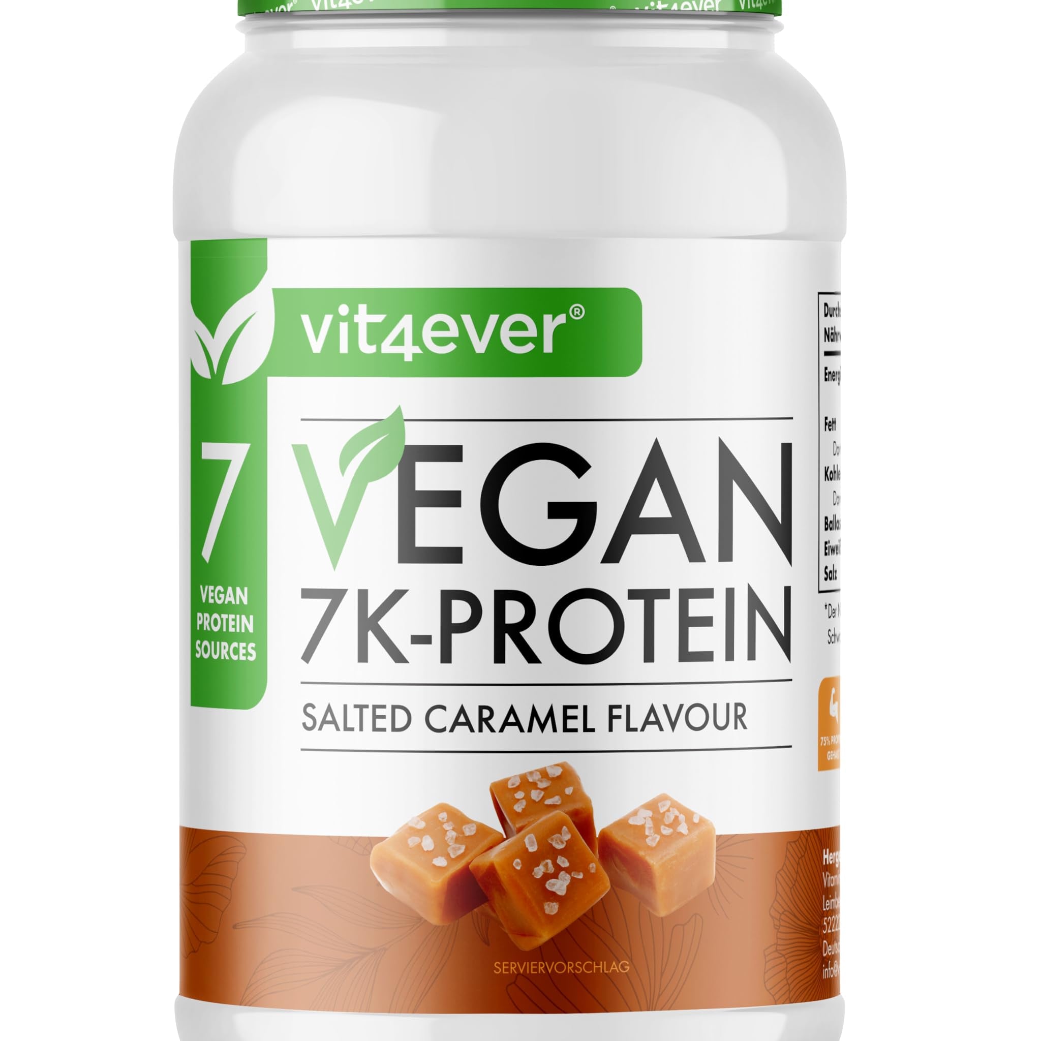 Vegan 7K Protein - 1kg - Caramelo salado - Proteína vegetal pura en polvo con proteínas de arroz, almendra, soja, guisante, cáñamo, arándano y girasol.