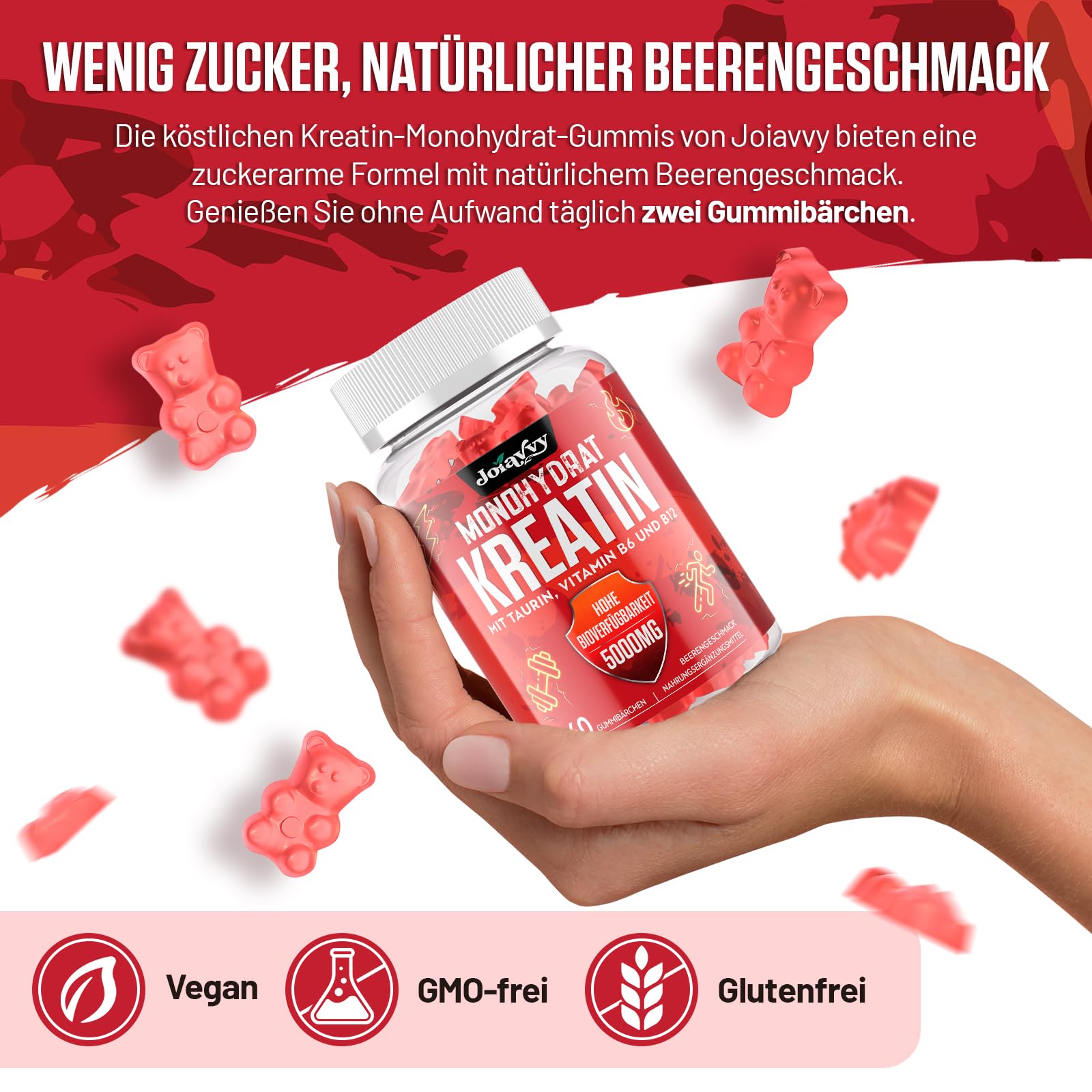 Gominolas de Creatina Monohidrato, 5000 mg de Creatina Monohidratada por cada Dosis, Potenciador Preentrenamiento, Más Práctico que el Polvo, Sabor a Bayas, Vegano (60 Unidad (Paquete de 1))
