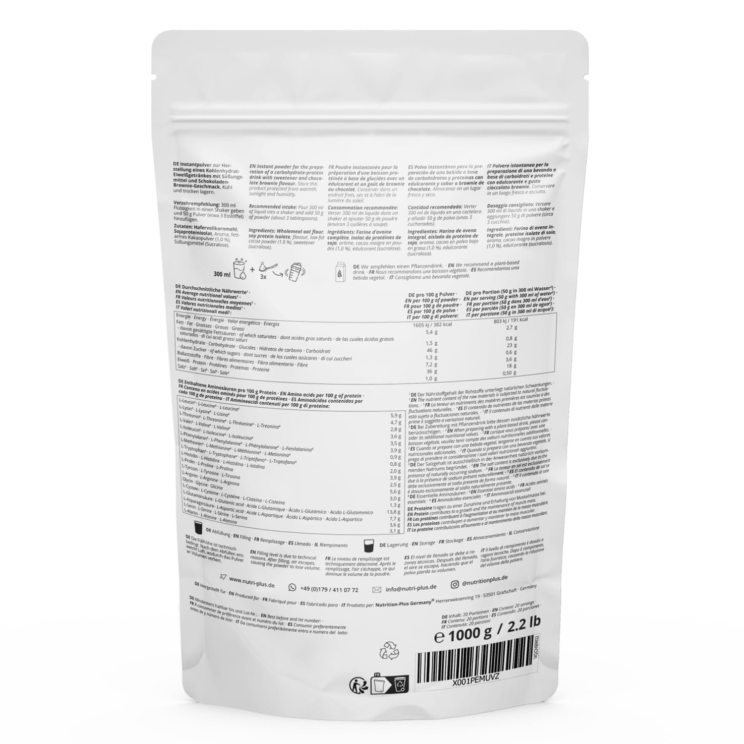 Nutri+ Ganador de Peso Vegano 1 kg Brownie de Chocolate - Vhey Gainer Mass sin Azúcar, Creatina y Maltodextrina - Sin Lactosa + Alto en Calorías 1000 g