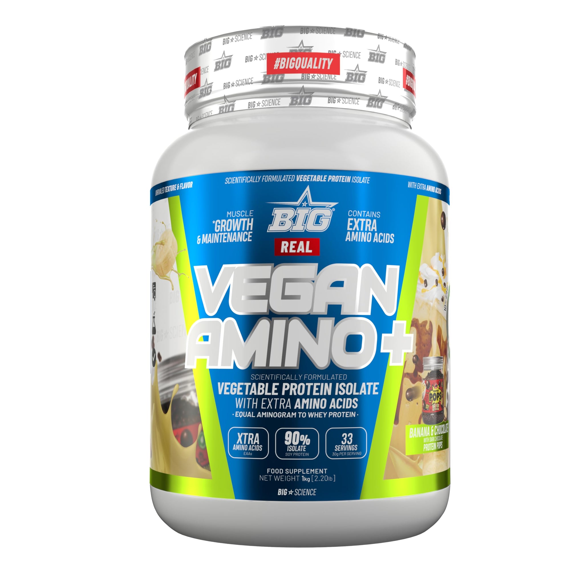 BIG - Proteina Vegetal 100% - Proteina en Polvo con Aminoácidos para Masa Muscular y Recuperación - Materia Prima Premium - Deliciosos Sabores Sin Lactosa (1Kg, Banana & Choco con Protein Pops)