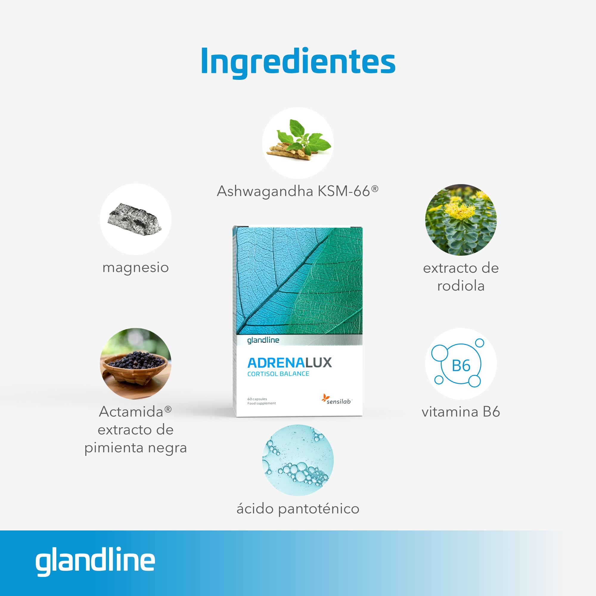 Ashwagandha - Cortisol - Antiestres - Magnesio, Ashwagandha KSM-66, Vitamina B6 y Rhodiola -120 Cápsulas para 60 Días - AdrenaLux Sensilab