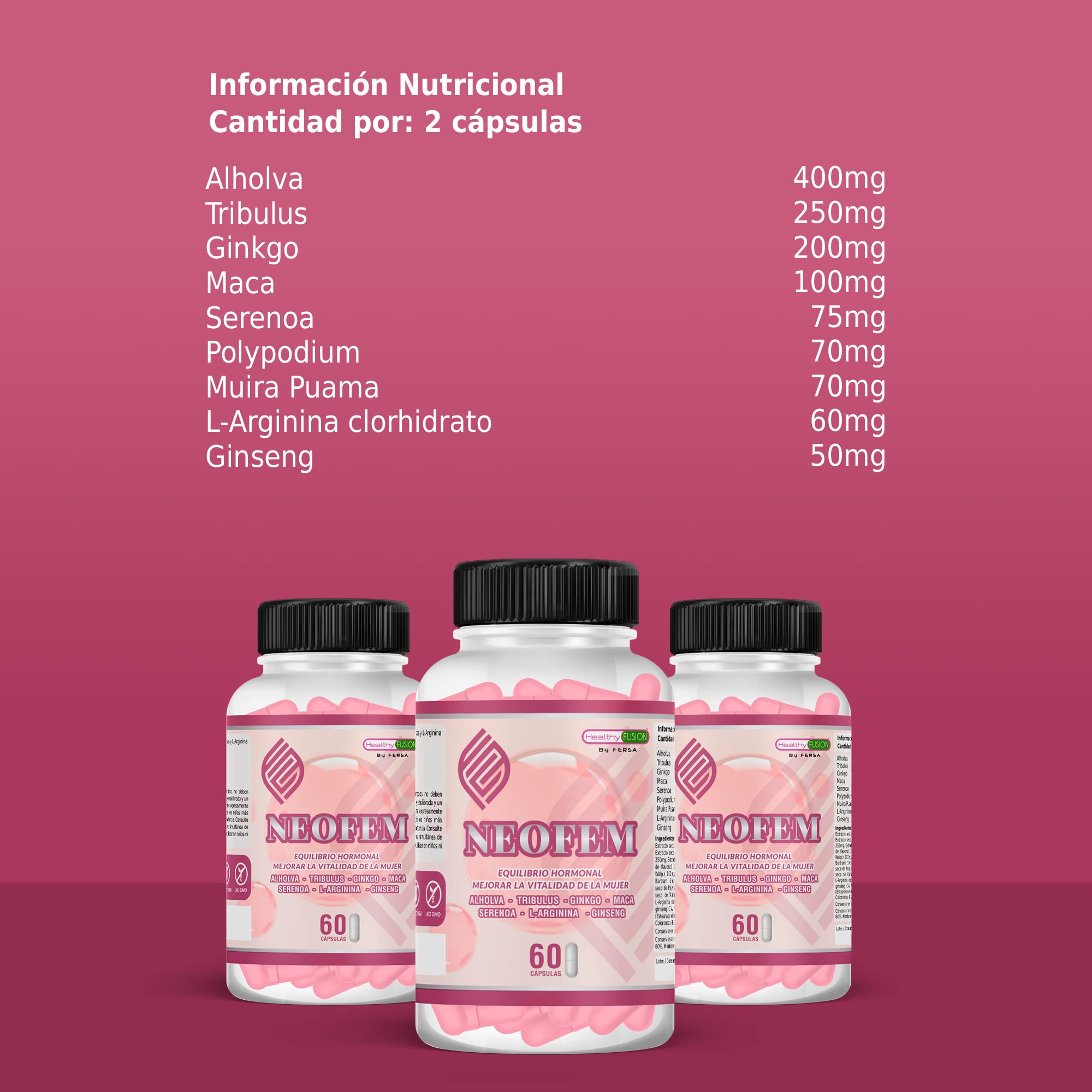 Neofem | Equilibrio hormonal para ellas | Mejora la vitalidad | Plantas Alholva, Tribulus, Ginkgo y Maca | 60 cápsulas