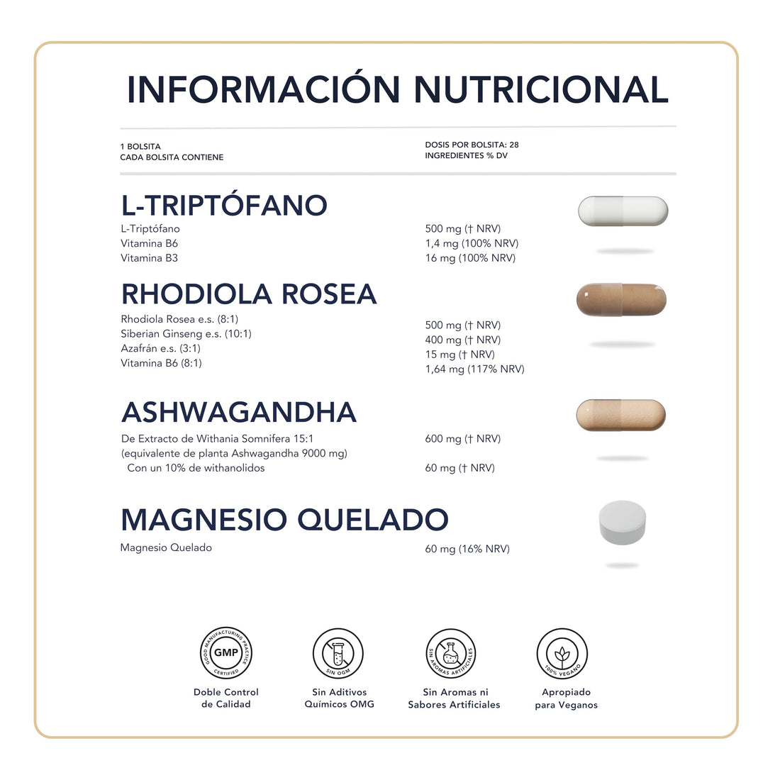 Triptófano con Magnesio y Rhodiola Rosea + Ashwagandha - Vitaminas de Pyrenees para el Bienestar y Equilibrio Emocional, reduce los niveles de Cortisol | 28 Dosis diarias