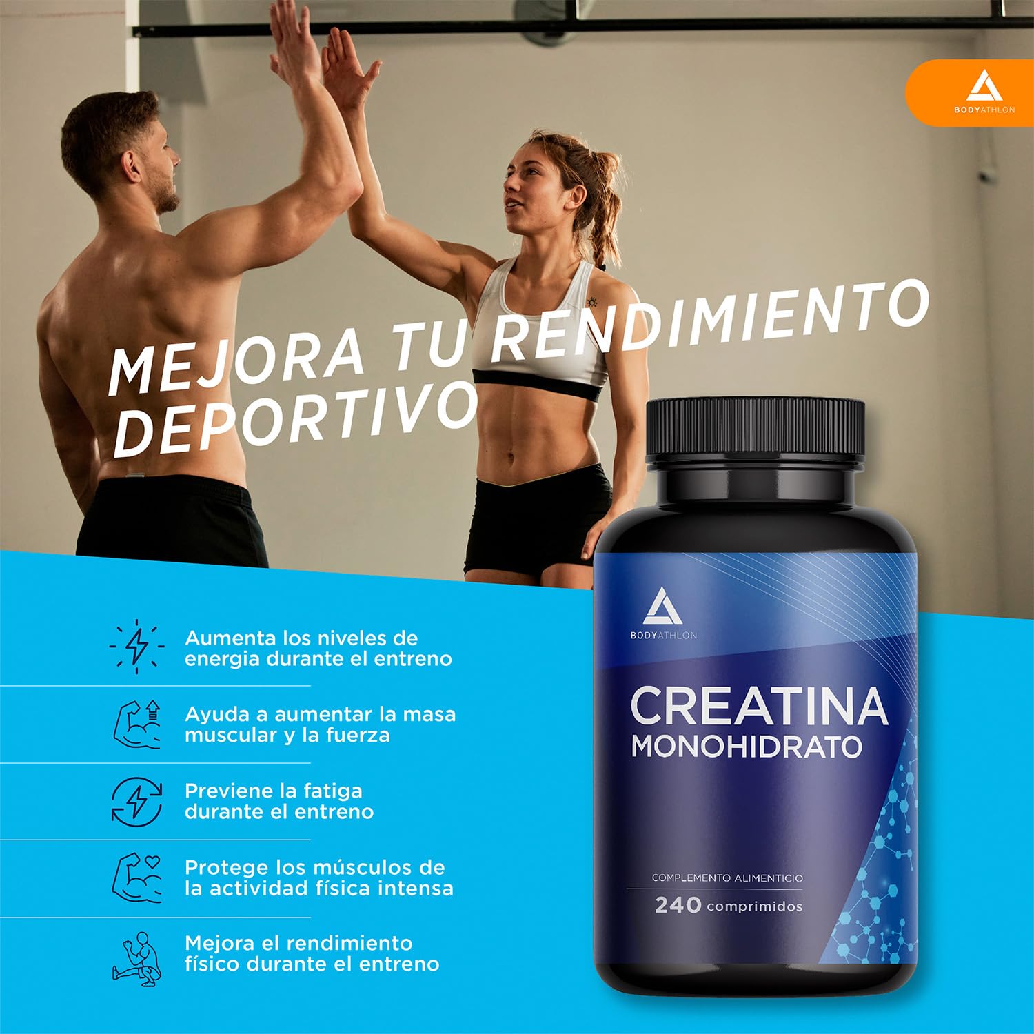 Bodyathlon- Creatina Monohidratada 240 comprimidos- Creatina pura 3000mg-Monohidrato de creatina-Aumenta tu masa muscular, fuerza y resistencia- creatina monohidratada sin gluten sabor neutro- Vegano