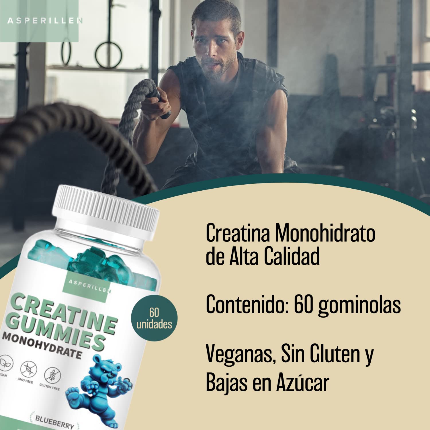 Gominolas de Creatina Monohidrato - 2000 Mg de Creatina Monohidratada por cada Dosis - Creatina Vegana Sin Gluten - Creatine Gummies - 60 Unidades Sabor Arándanos
