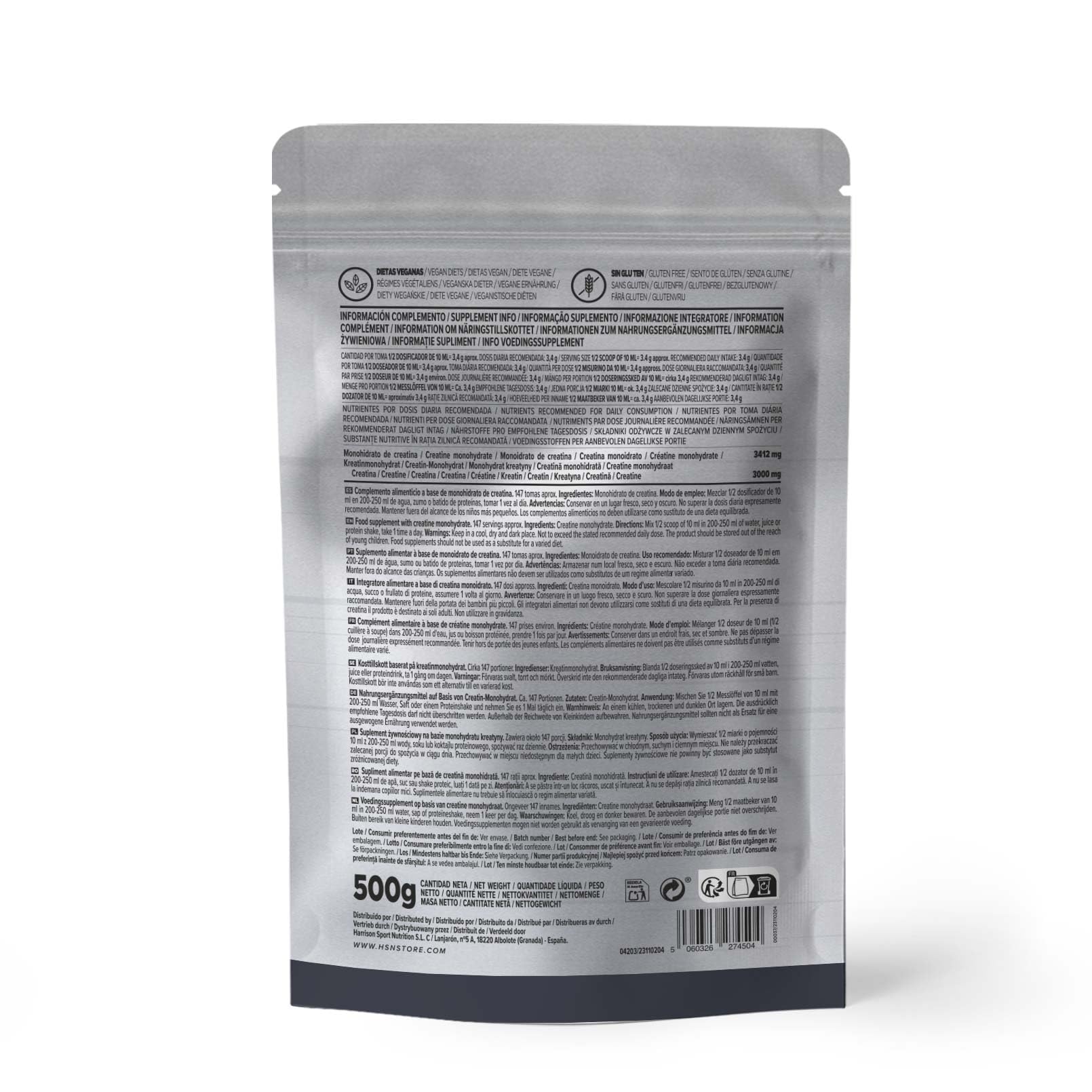 HSN Creatina Monohidrato en Polvo Sin Sabor 500g | 100% Monohidrato de Creatina Micronizada | No Incluye Dosificador | Sin Añadidos y Libre de Contaminantes | No-GMO, Vegano, Sin Gluten
