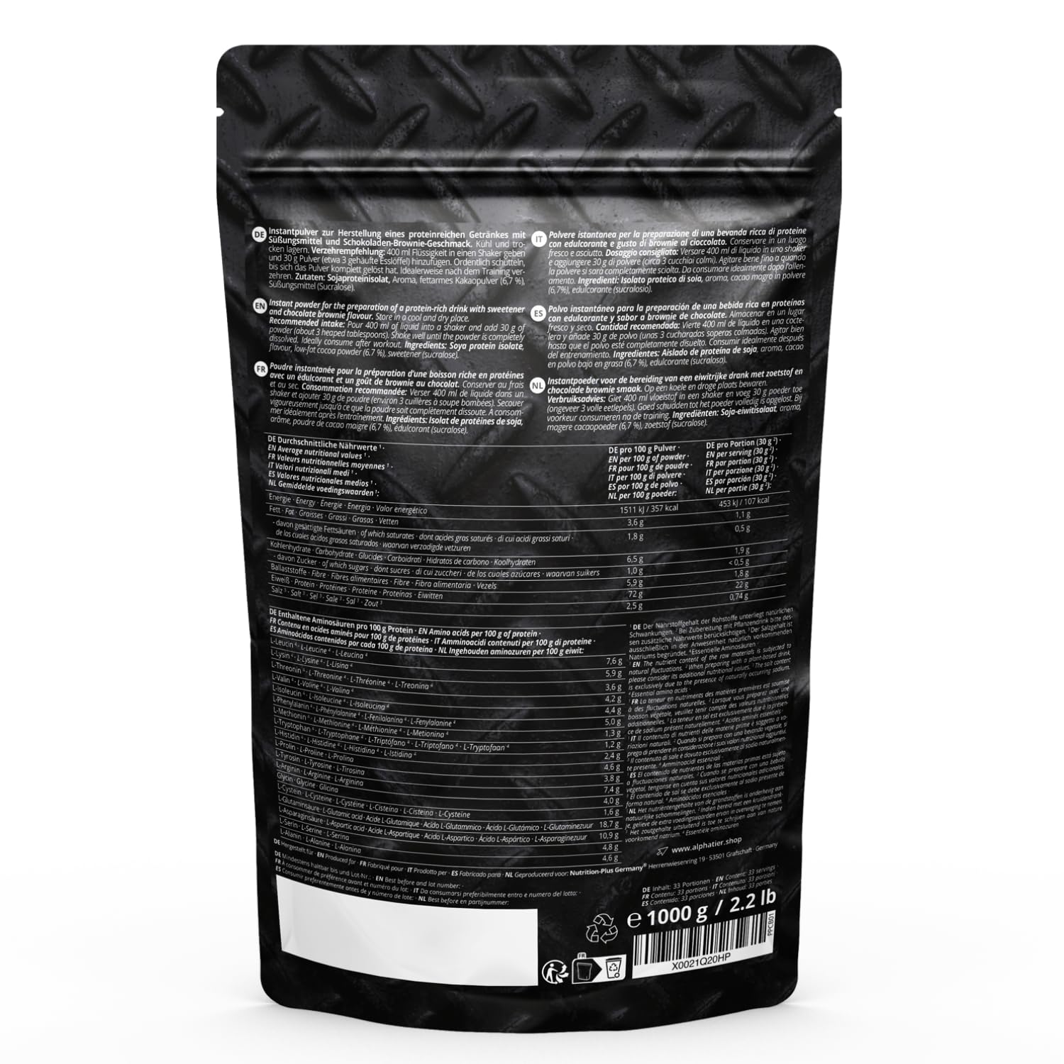 Alphatier Phenomenal Proteína en Polvo con Aminoácidos - Chocolate Brownie 1kg - 76% de Proteína en Polvo - Protein Powder Brownie de Chocolate - Proteína de Soja con EAA - sin Gluten + sin Lactosa