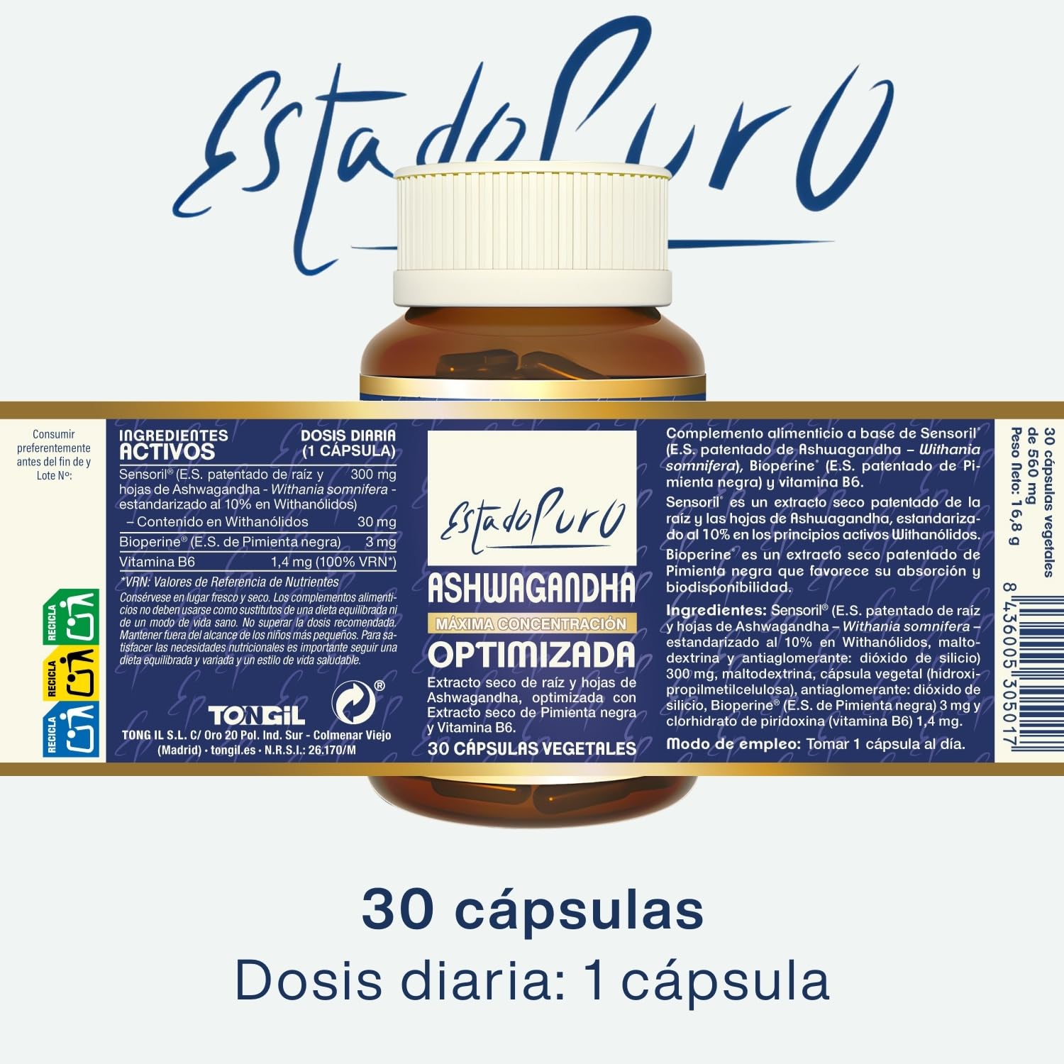 Ashwagandha Optimizada Estado Puro | Cortisol Blocker & Detox - Disminuye Cortisol, Estrés y Ansiedad | Con Sensoril Withanólidos 10% + Pimienta Negra | Vegano, No-GMO | 30 Cápsulas 1 Mes | TONGIL