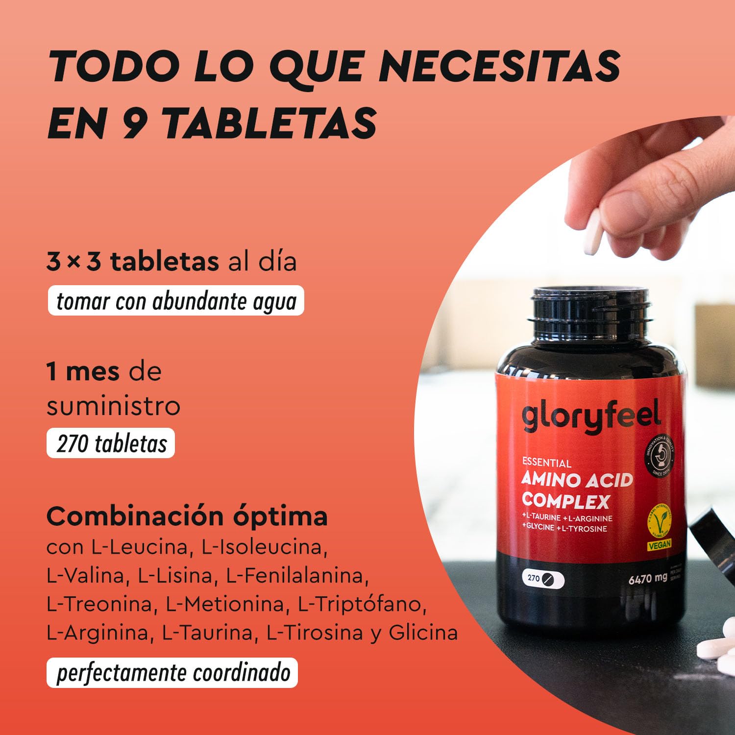 Aminoácidos Complex en altas dosis - 270 Tabletas con 12 aminoácidos (6.470 mg) al día - EAA Amino 8 + L Arginina, L Carnitina, Taurina y Glicina - Vegano, probado en laboratorio y sin aditivos