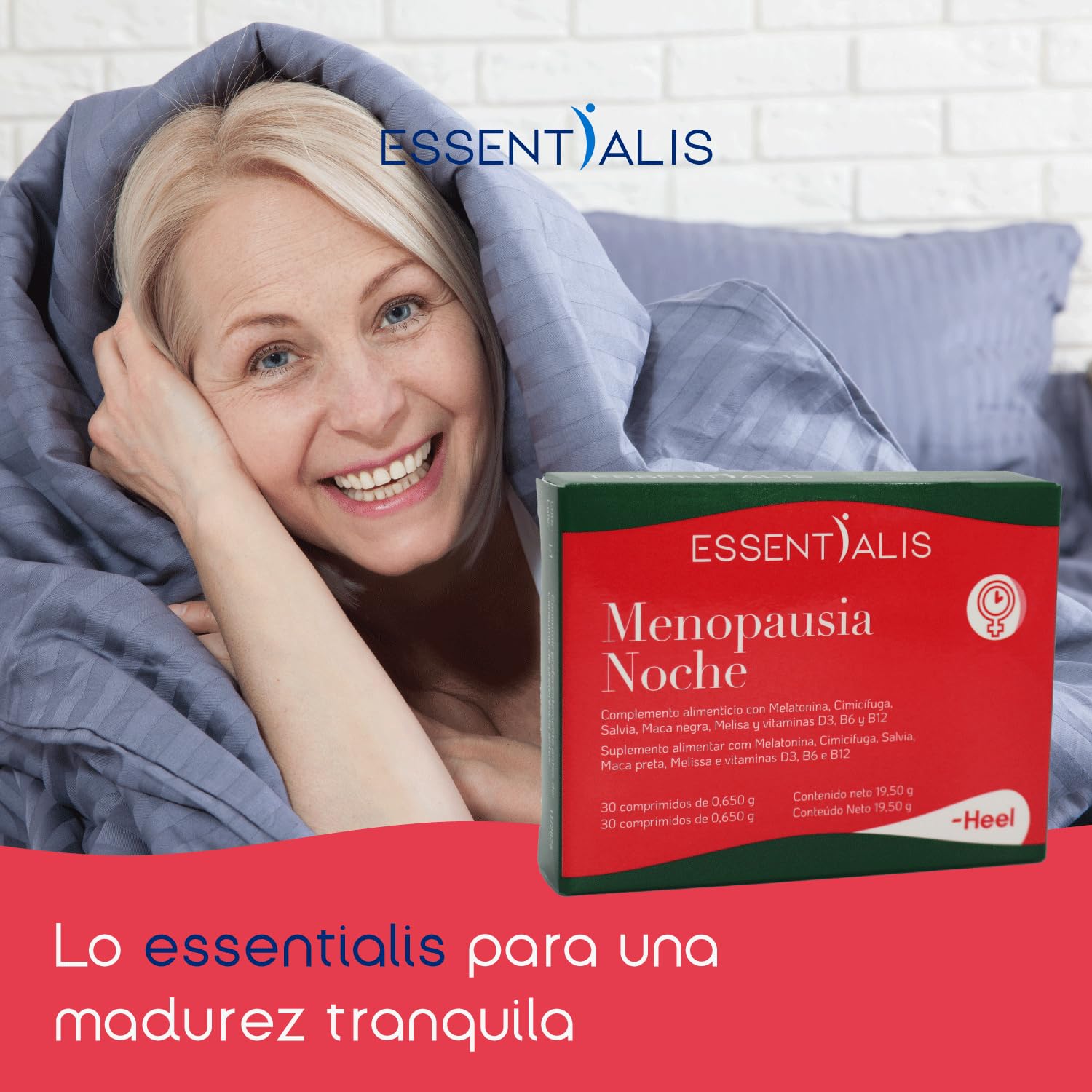Essentialis Menopausia Noche–con Extractos de plantas, Melatonina y Vit. D, B6 y B12- Uso prolongado– 1 mes- Sin estrógenos ni soja