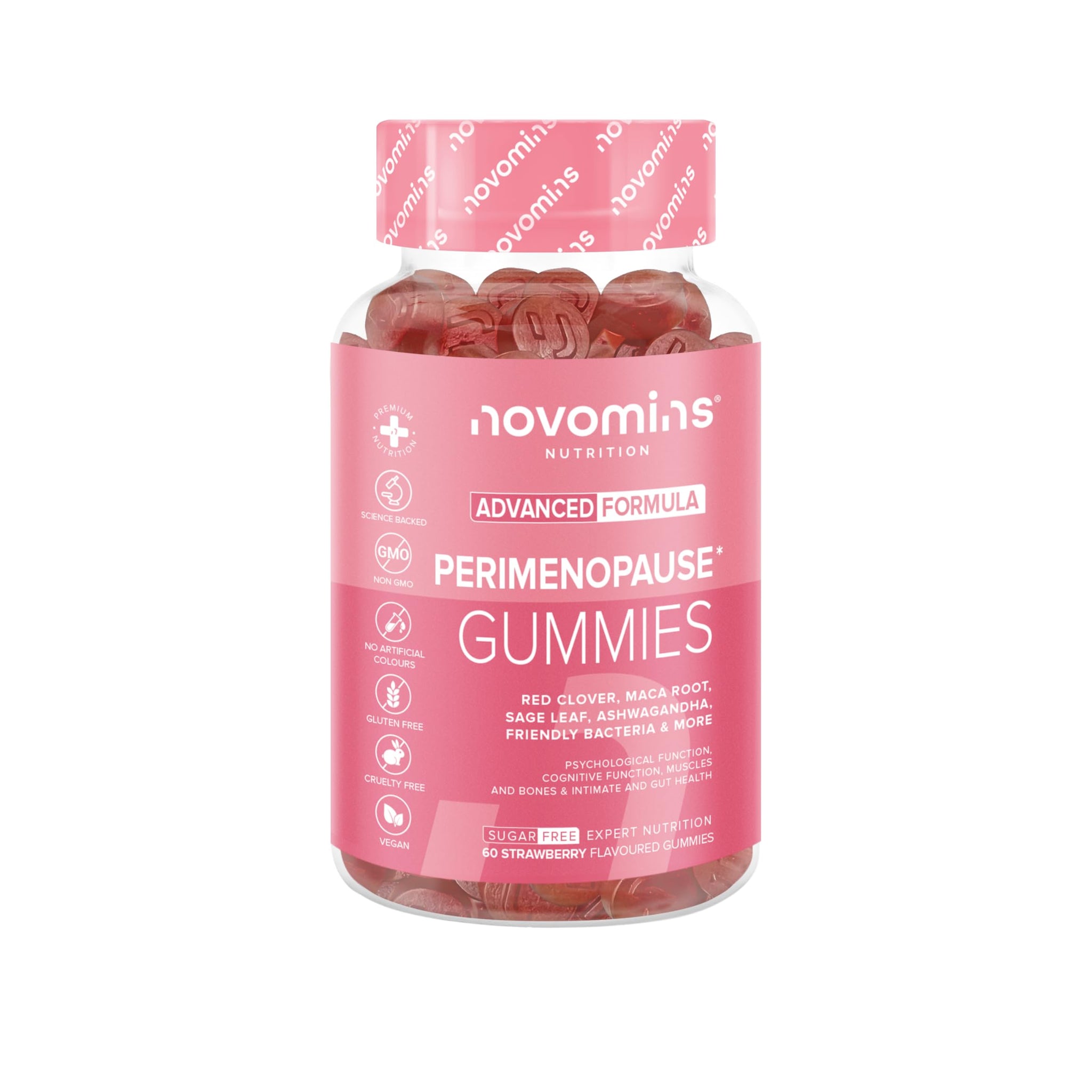 Perimenopausia Suplemento - 60 Gominolas - con Maca, Trébol Rojo, Salvia, Probioticos, Ashwagandha - para la Perimenopausia y Menopausia - Sin Azúcar - Equilibrio Hormonal para la Mujer - Novomins