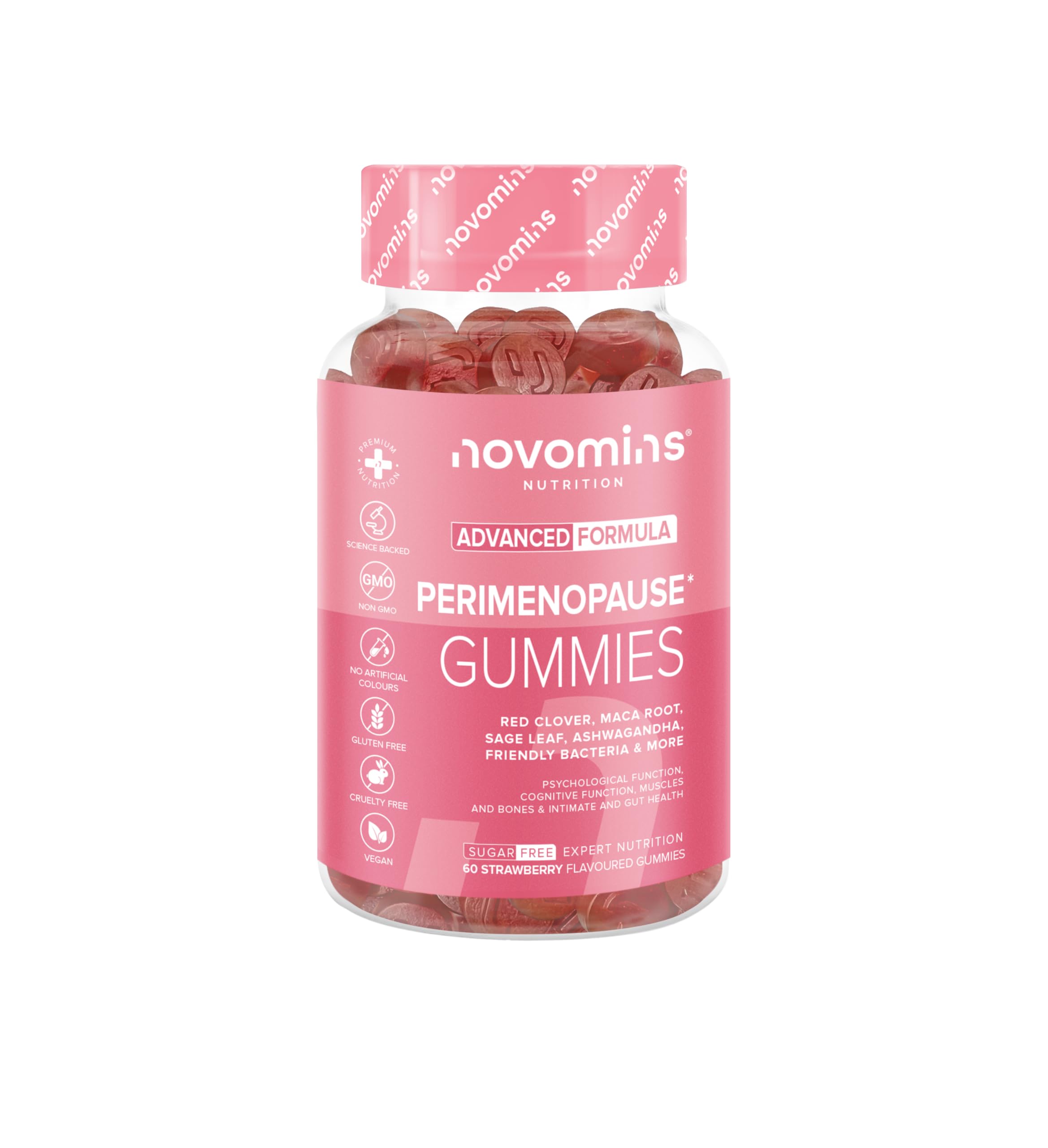 Perimenopausia Suplemento - 60 Gominolas - con Maca, Trébol Rojo, Salvia, Probioticos, Ashwagandha - para la Perimenopausia y Menopausia - Sin Azúcar - Equilibrio Hormonal para la Mujer - Novomins
