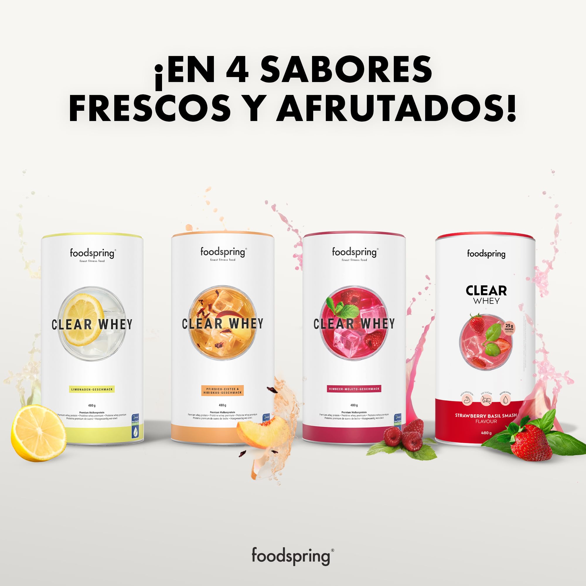 foodspring - Clear Whey Strawberry Basil Smash Protein - Isoclear Whey 480g sin azúcar & 25g de proteína p. ración - Batido de proteínas refrescante con isowhey premium - Ideal después del gimnasio