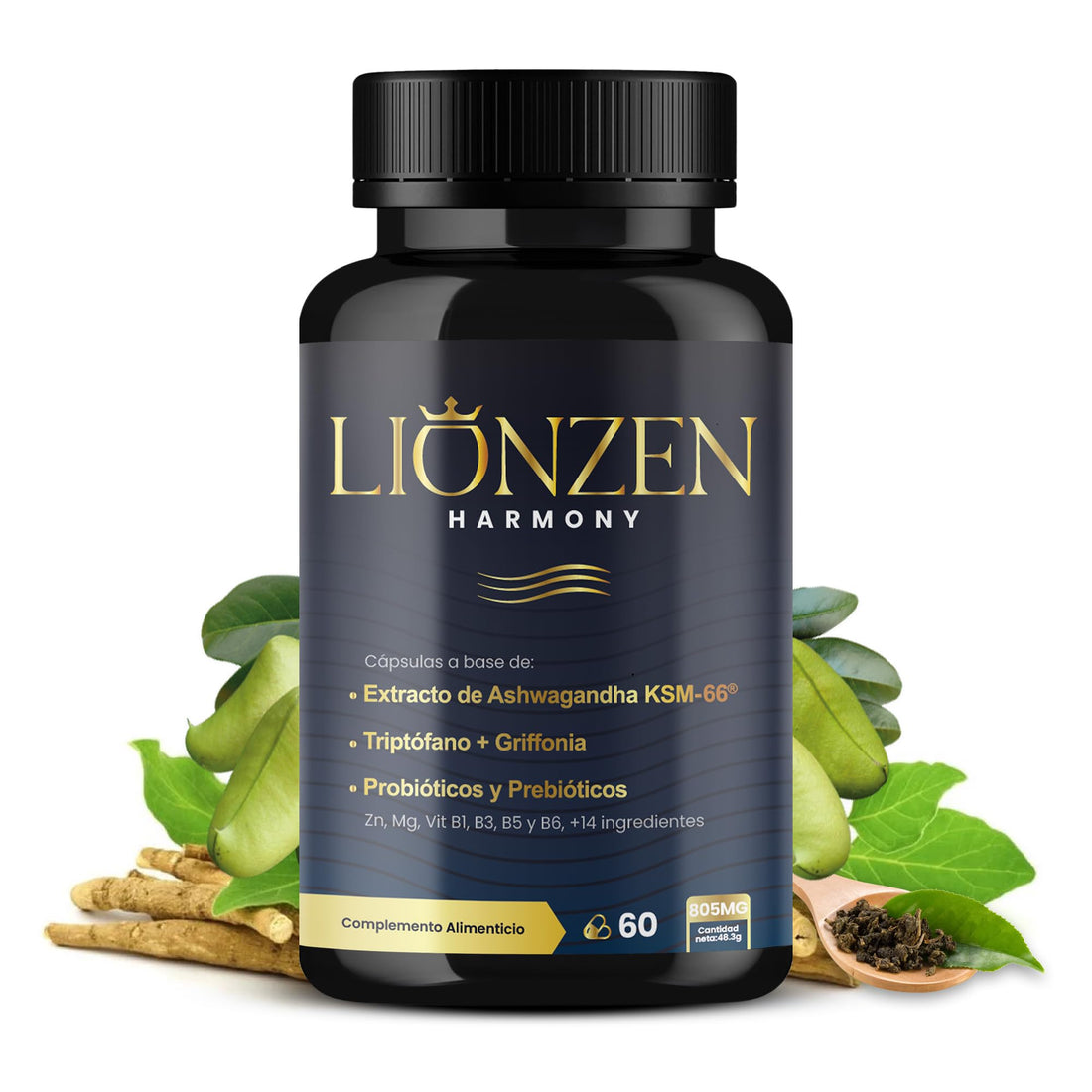 Ashwagandha KSM-66® 600mg | +14 ingredientes antiestrés, Cortisol | Bienestar, Descanso | Alta potencia | Magnesio, Griffonia, L-Triptófano, Vitaminas, Zinc, Té verde, Probióticos | LIONZEN HARMONY