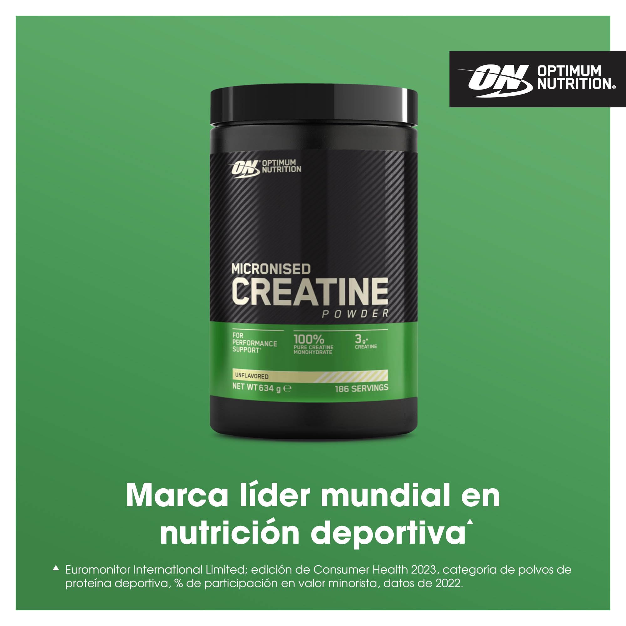 OPTIMUM NUTRITION Creatina en Polvo Micronizada, Polvo de Monohidrato de Creatina 100 % Puro para Rendimiento y Potencia Muscular, Batido de Proteínas sin Sabor, 186 Porciones, 634 g