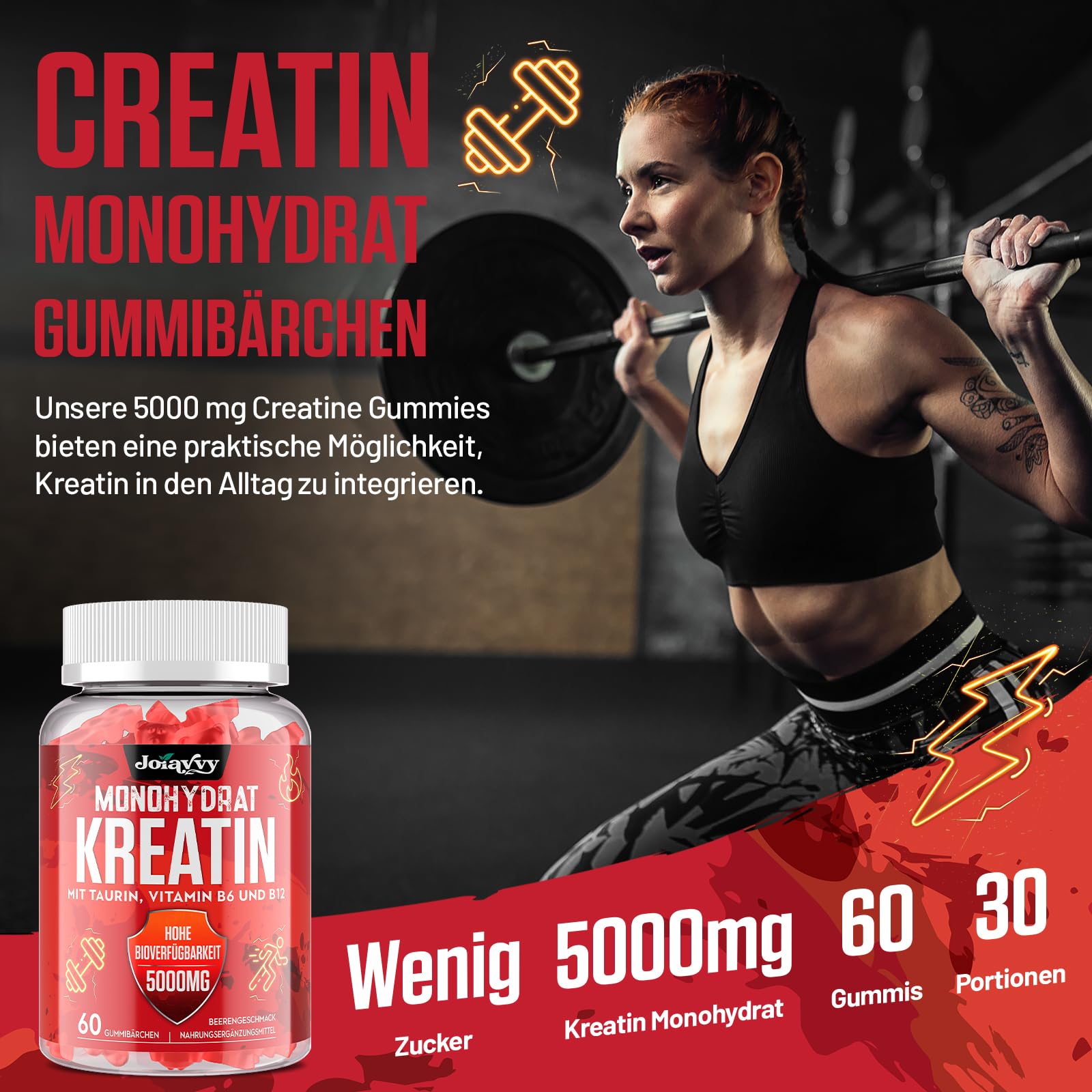 Gominolas de Creatina Monohidrato, 5000 mg de Creatina Monohidratada por cada Dosis, Potenciador Preentrenamiento, Más Práctico que el Polvo, Sabor a Bayas, Vegano (60 Unidad (Paquete de 1))