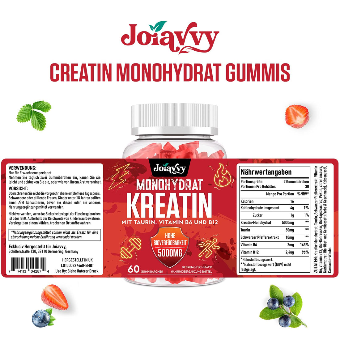 Gominolas de Creatina Monohidrato, 5000 mg de Creatina Monohidratada por cada Dosis, Potenciador Preentrenamiento, Más Práctico que el Polvo, Sabor a Bayas, Vegano (60 Unidad (Paquete de 1))