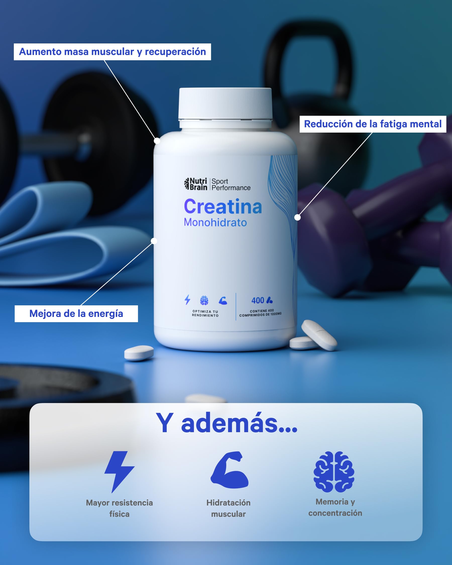 Creatina Monohidratada 3000 mg – 400 comp | Mejora Fuerza, Masa Muscular, Resistencia, Recuperación, Energía y Agilidad Mental | Vegano, Sin Gluten, No OGM | Para Hombre y Mujer