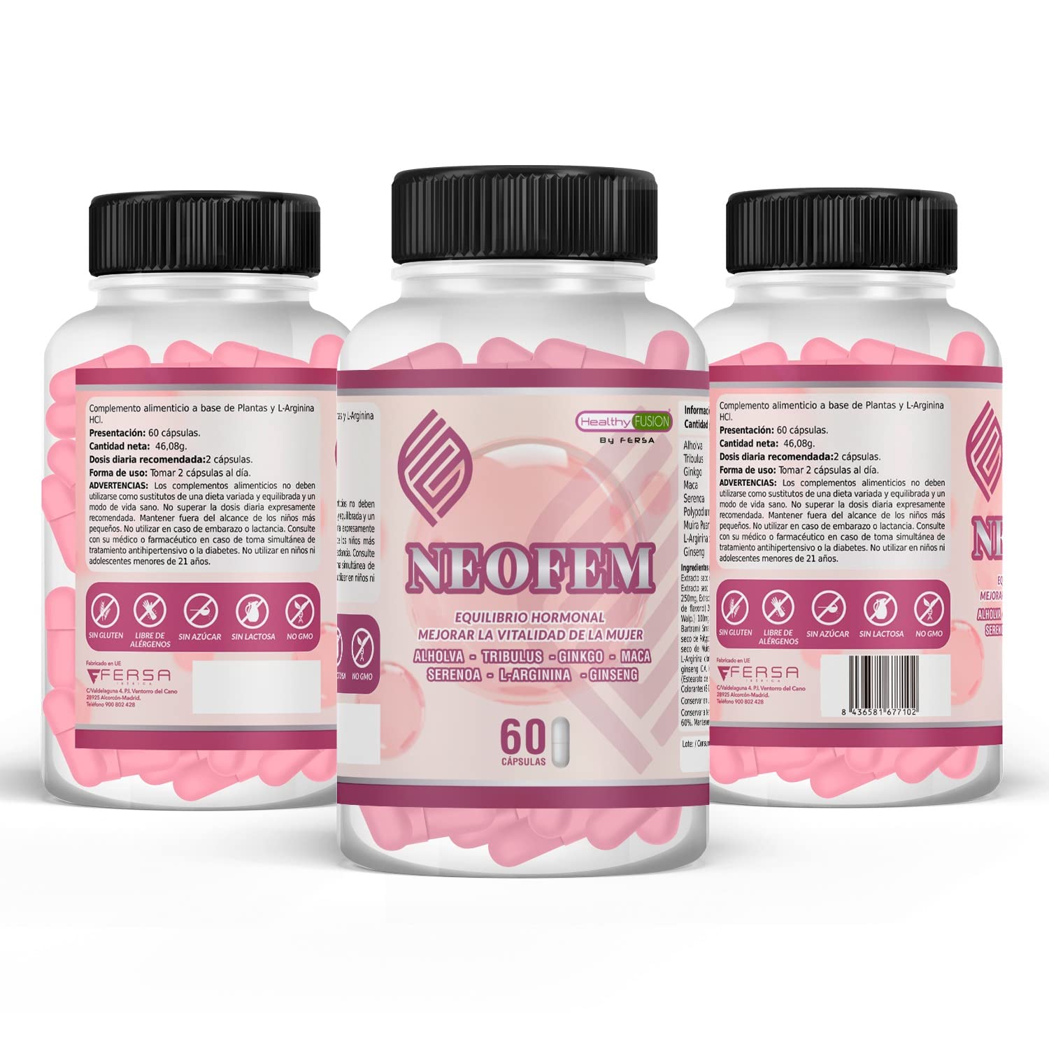 Neofem | Equilibrio hormonal para ellas | Mejora la vitalidad | Plantas Alholva, Tribulus, Ginkgo y Maca | 60 cápsulas
