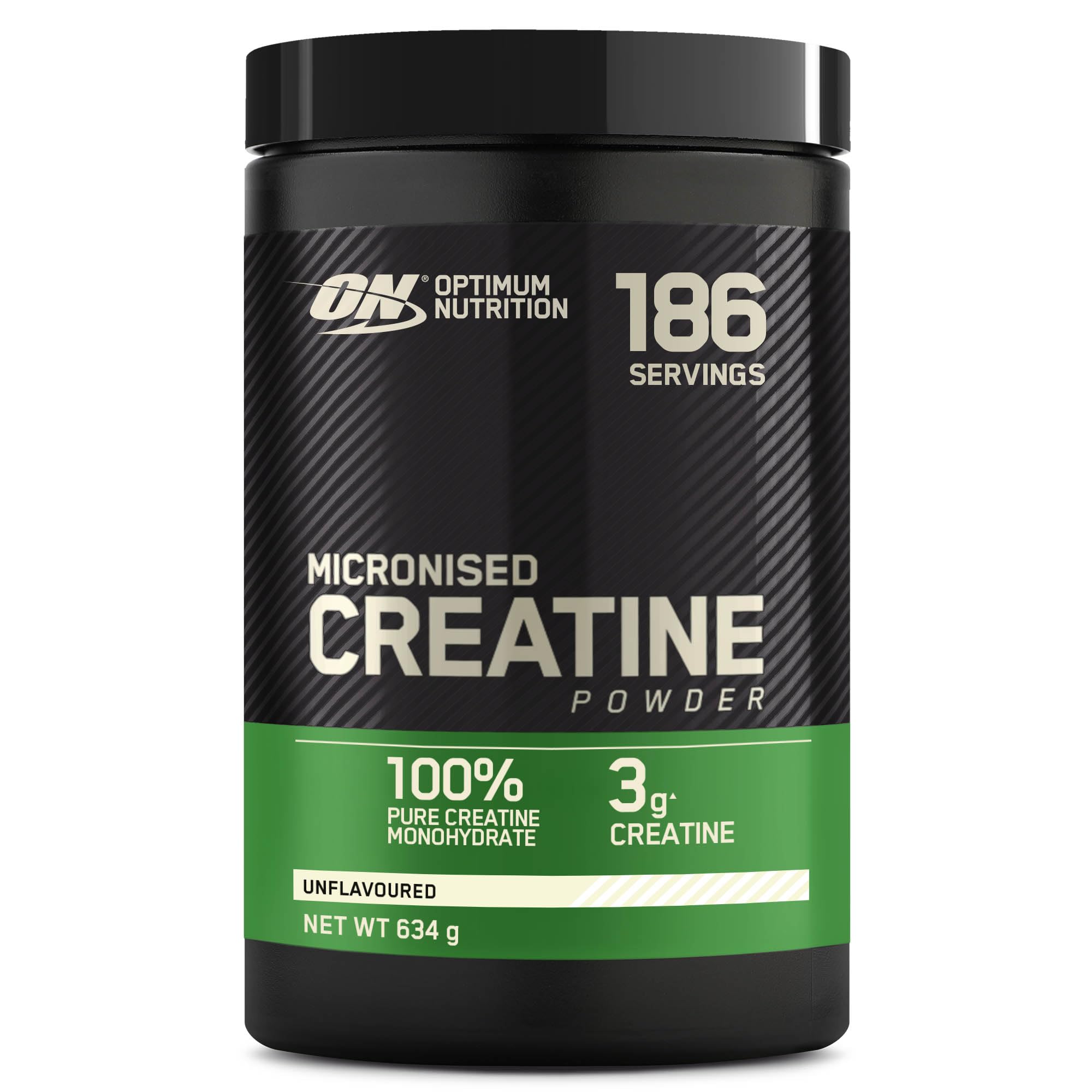 OPTIMUM NUTRITION Creatina en Polvo Micronizada, Polvo de Monohidrato de Creatina 100 % Puro para Rendimiento y Potencia Muscular, Batido de Proteínas sin Sabor, 186 Porciones, 634 g