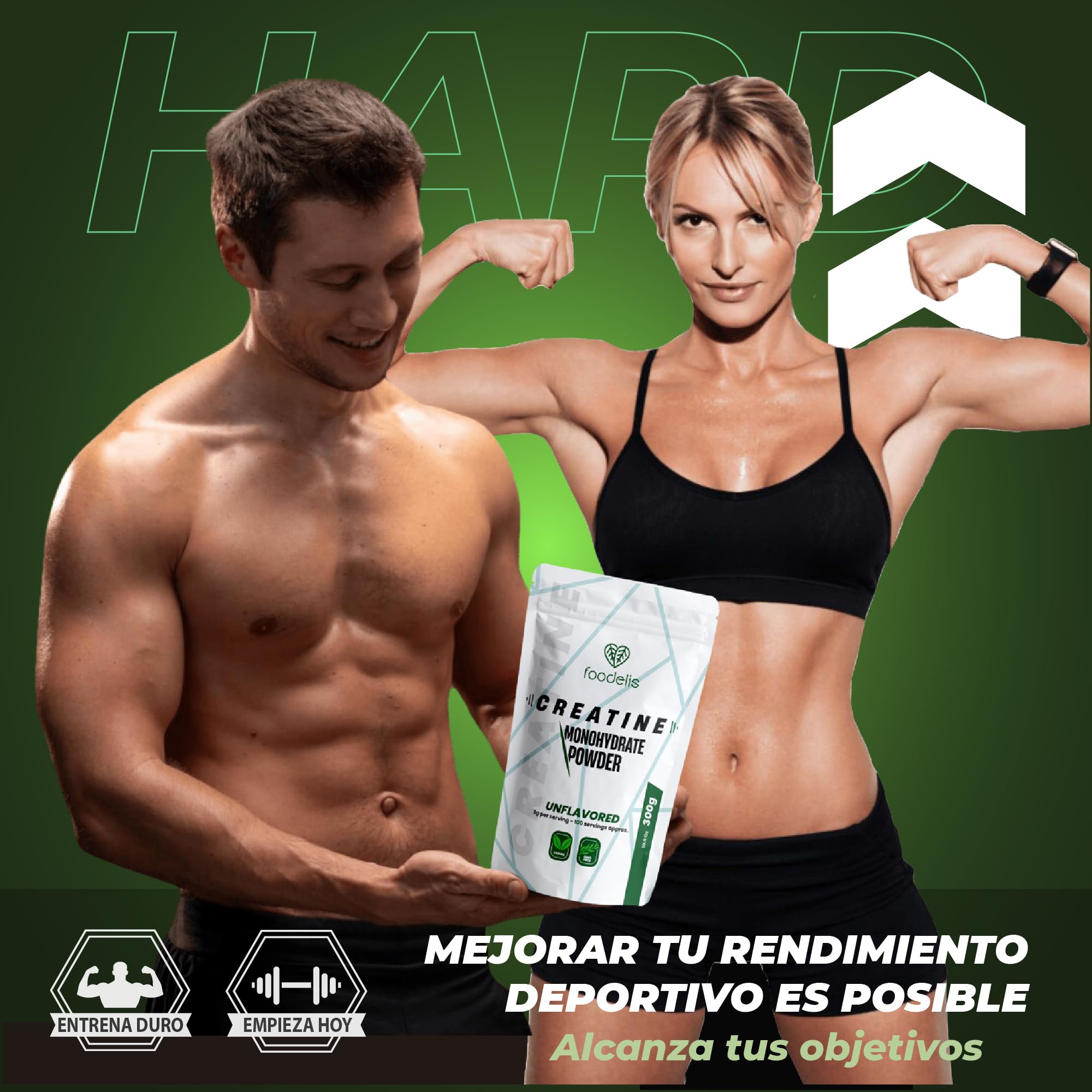 Foodelis Creatina Monohidratada en Polvo 300g / 100 Dosis - 100% Creatina Monohidrato Micronizada - Sin Sabor - Pura y Sin Aditivos - No-GMO - Alta Solubilidad - Incluye Dosificador