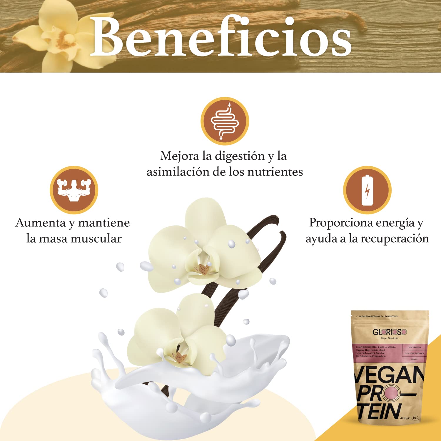 Proteína Vegana Sabor Vainilla en Polvo 100% - 400 g - Ideal para Dietas, Aumentar o Mantener Masa Muscular - Sin Lactosa ni Gluten - Glorioso Super Nutrients