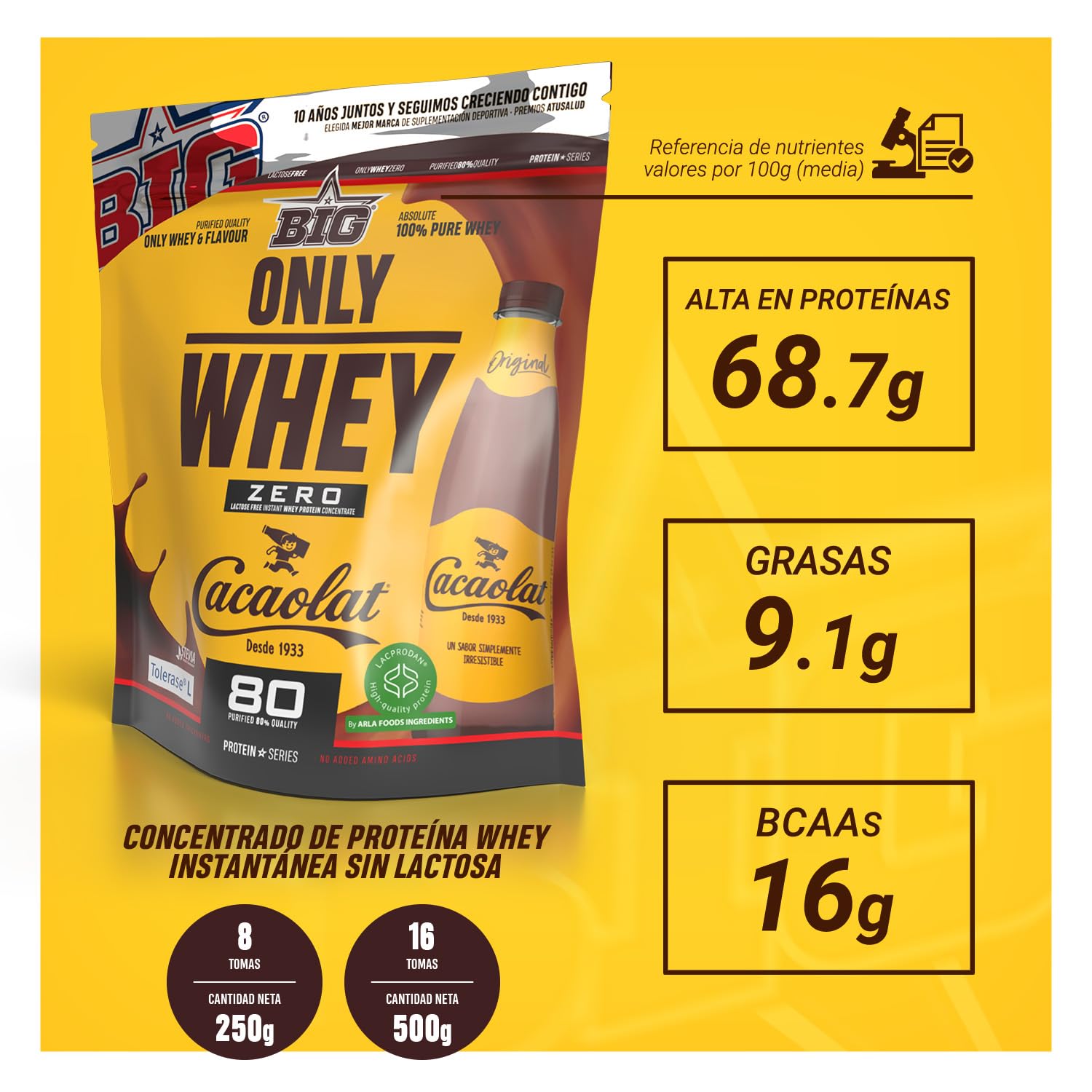 BIG - Proteinas Whey - Proteina en Polvo para Desarrollo de Masa Muscular y Recuperación - Materia Prima Premium - Whey Protein Sin Lactosa, Sin Azúcar, Sin Grumos (500g, Cacaolat)