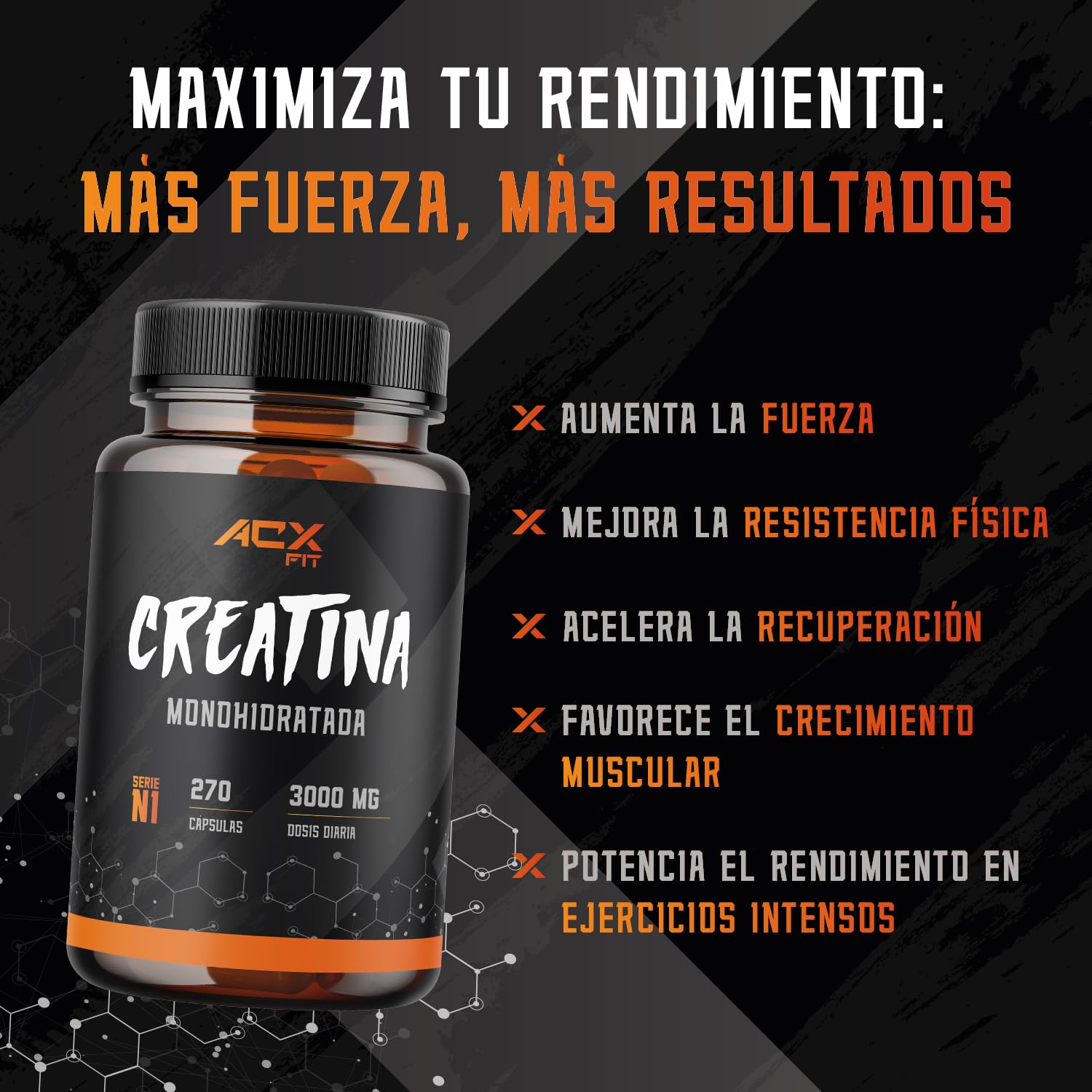 Creatina Monohidratada Cápsulas 3000mg | 270 Cápsulas | Aumento de Masa Muscular, Fuerza y Resistencia – Recuperador Muscular de Alta Potencia, Vegano y Sin OGM