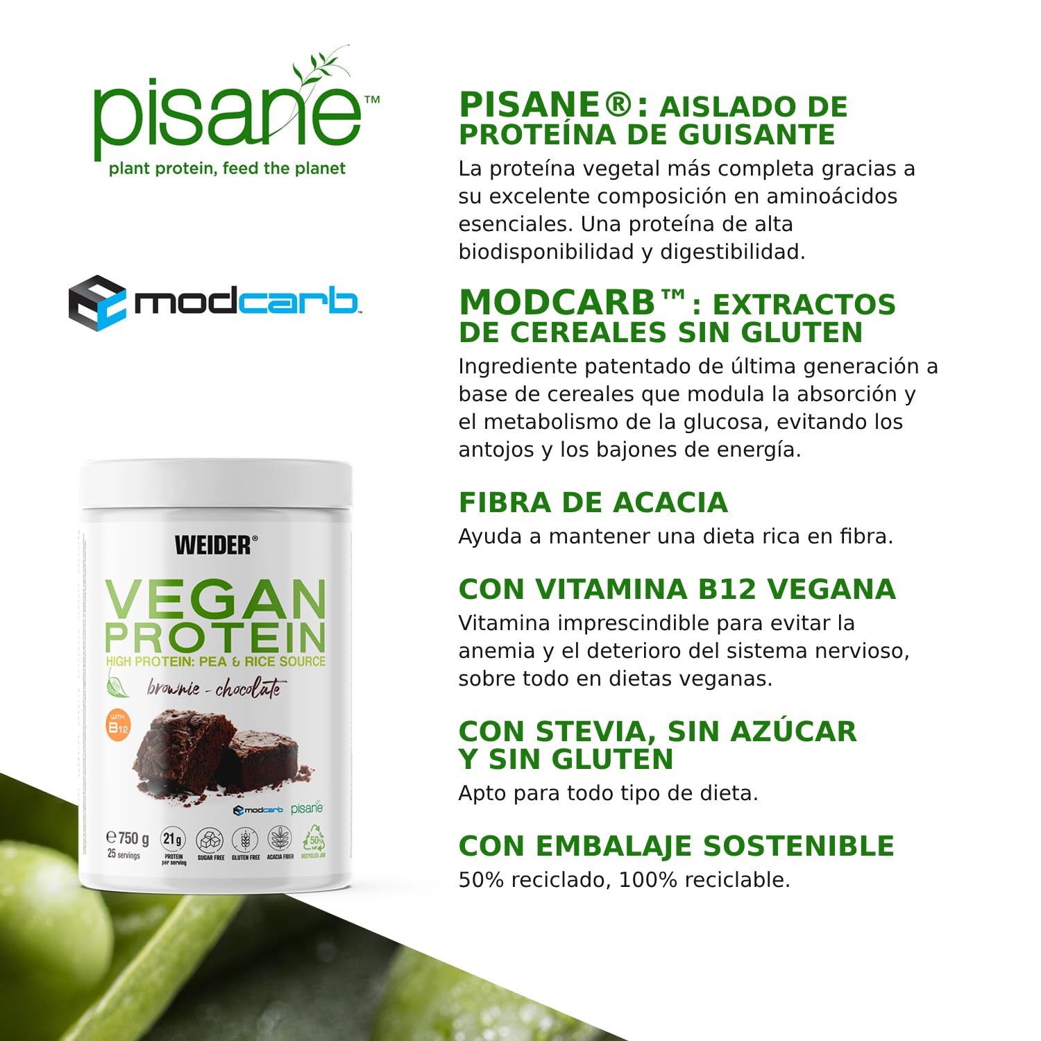 Weider Vegan Protein (750g) Sabor Brownie-Chocolate. Proteína Vegana 21g/dosis Aislada Guisante (Pisane) y Arroz. Con Vitamina B12 y Stevia. Sin Gluten, Sin Azúcar. Bote 50% Reciclado, 100% Reciclable