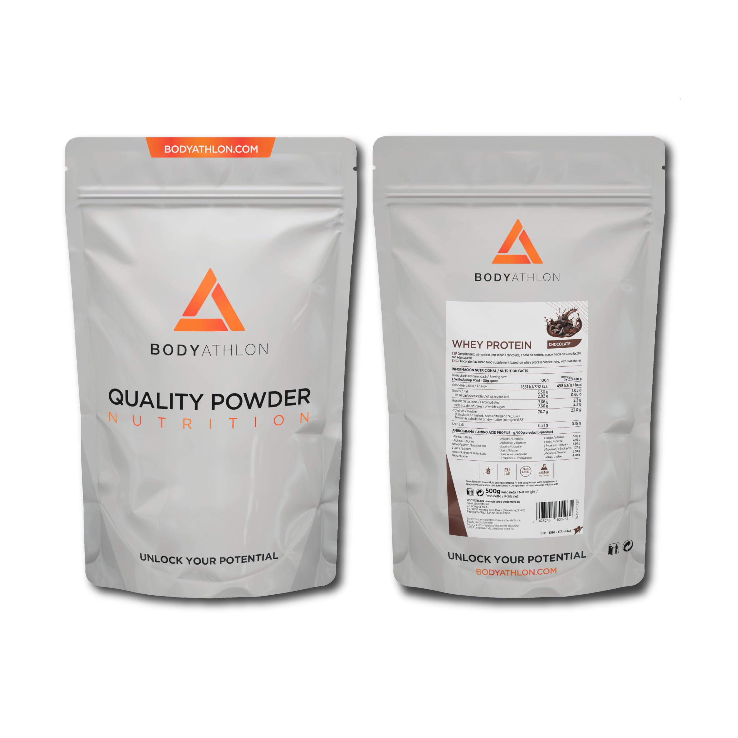 100% Whey Protein Chocolate – Proteina en Polv para Ganar Masa Muscular– de Suero de Leche- Protein Masa Muscular - Sin lecitina de soja, Sin Gluten- Bodyathlon (500g, Chocolate)