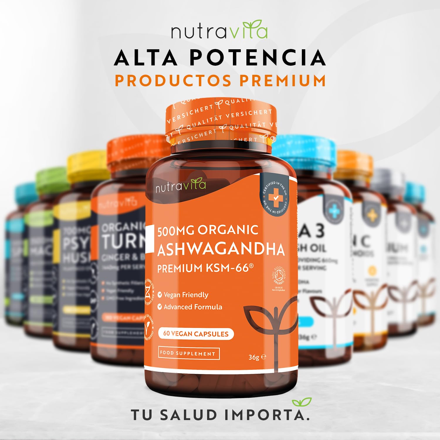 Ashwagandha Orgánica 500 mg - KSM-66® Sin Excipiente. 100% Cápsula Vegana - Suplemento adaptógeno Ayurveda Ginseng Indio (Withania Somnifera) Antiflamatorio natural - Nutravita