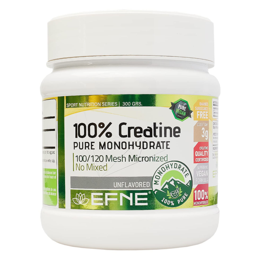 EFNE | Creatina 100% Monohidrato 100/120 Mesh Micronized | 300 Gramos en Polvo | 100% Pureza |Aumenta Resistencia | Aumenta Fuerza |Sabor Neutro | Vegano | Fabricada sin mezclas