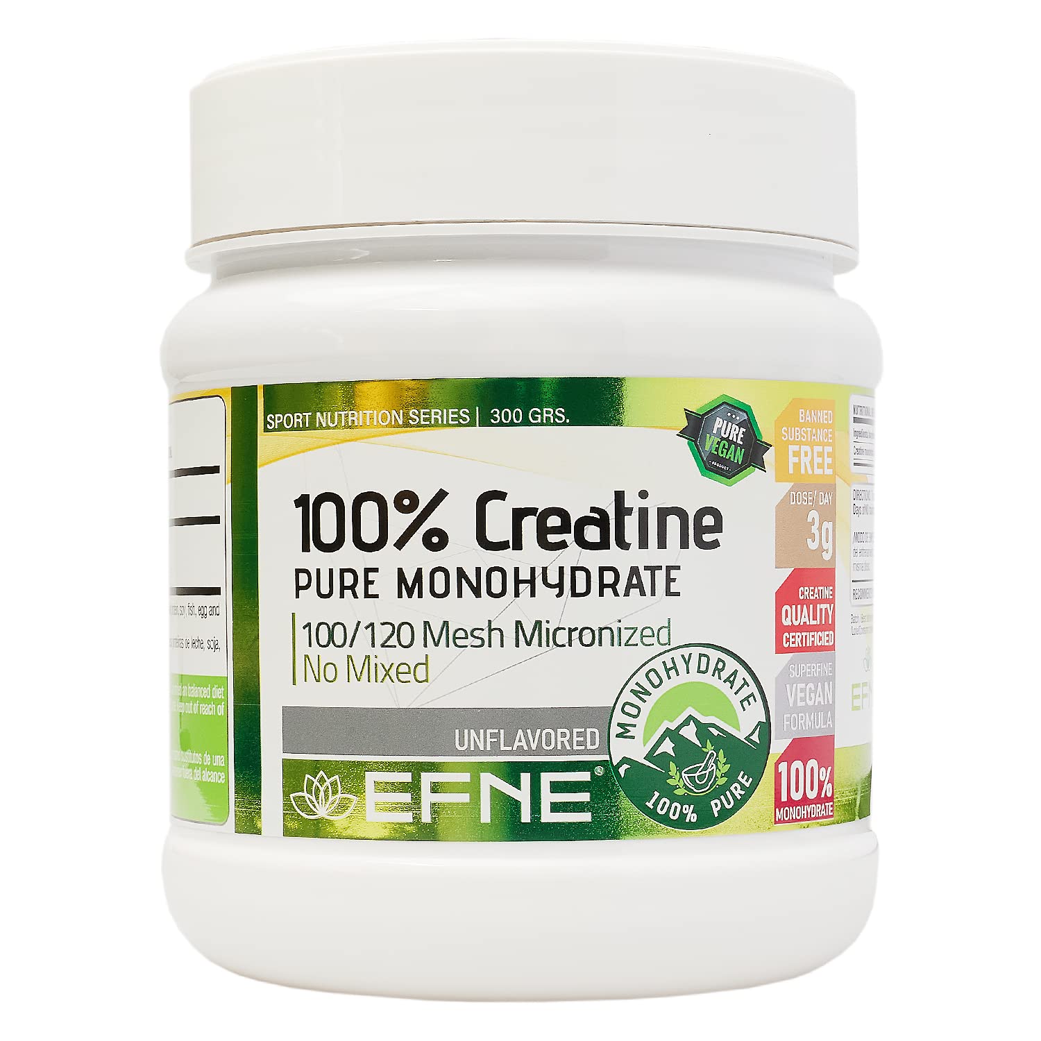 EFNE | Creatina 100% Monohidrato 100/120 Mesh Micronized | 300 Gramos en Polvo | 100% Pureza |Aumenta Resistencia | Aumenta Fuerza |Sabor Neutro | Vegano | Fabricada sin mezclas