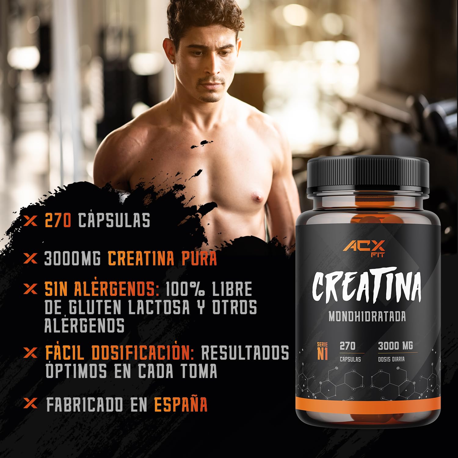 Creatina Monohidratada Cápsulas 3000mg | 270 Cápsulas | Aumento de Masa Muscular, Fuerza y Resistencia – Recuperador Muscular de Alta Potencia, Vegano y Sin OGM