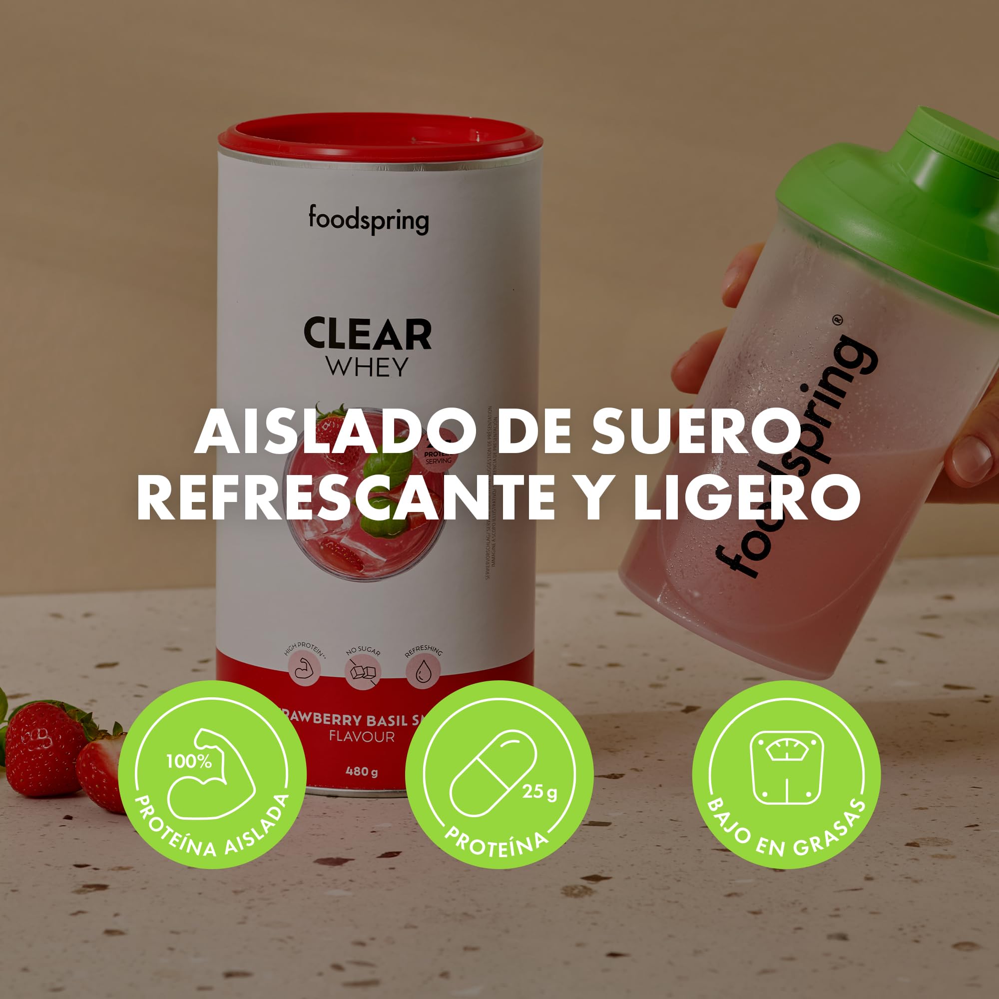foodspring - Clear Whey Strawberry Basil Smash Protein - Isoclear Whey 480g sin azúcar & 25g de proteína p. ración - Batido de proteínas refrescante con isowhey premium - Ideal después del gimnasio