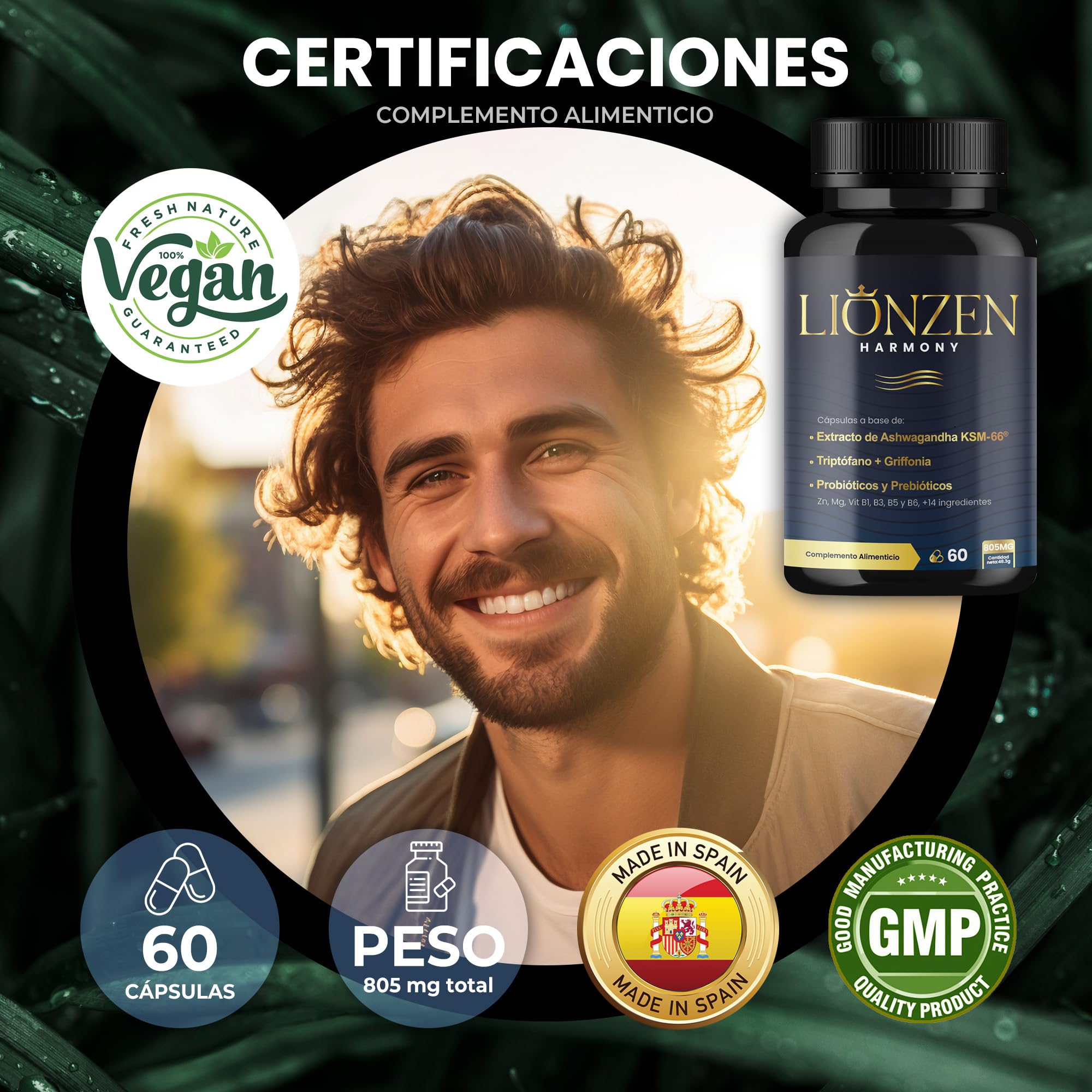 Ashwagandha KSM-66® 600mg | +14 ingredientes antiestrés, Cortisol | Bienestar, Descanso | Alta potencia | Magnesio, Griffonia, L-Triptófano, Vitaminas, Zinc, Té verde, Probióticos | LIONZEN HARMONY