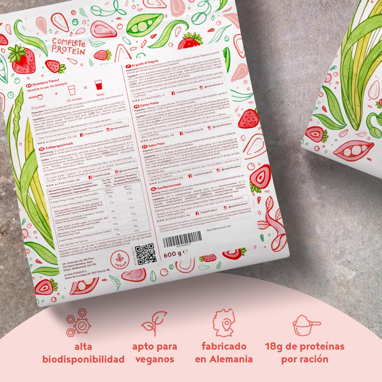 Proteína Vegana en Polvo | Sabor Fresa | 100% Proteina Vegana | 18g dosis Vegan Protein Powder de Guisante, Arroz y Girasol | Proteína Aislada para Masa Muscular | 600g | Alpha Foods