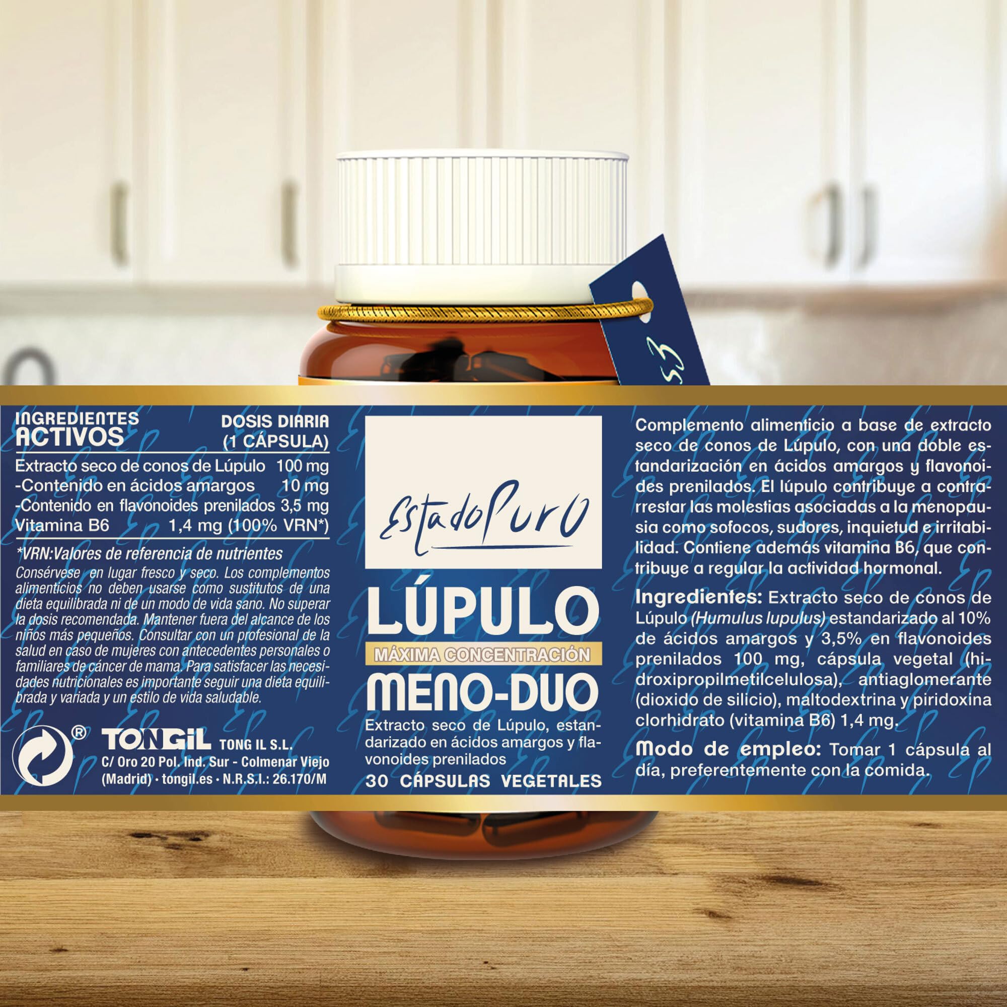 Lúpulo Meno-Duo Estado Puro para Reducir Sofocos, Sudoración e Irritabilidad Asociados a la Menopausia - Extracto Estandarizado y Patentado Sin Estrógenos y Sin Soja - 30 Cápsulas veganas de Tongil