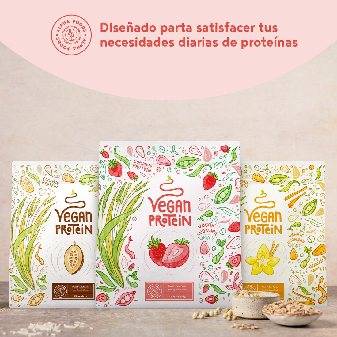 Proteína Vegana en Polvo | Sabor Fresa | 100% Proteina Vegana | 18g dosis Vegan Protein Powder de Guisante, Arroz y Girasol | Proteína Aislada para Masa Muscular | 600g | Alpha Foods
